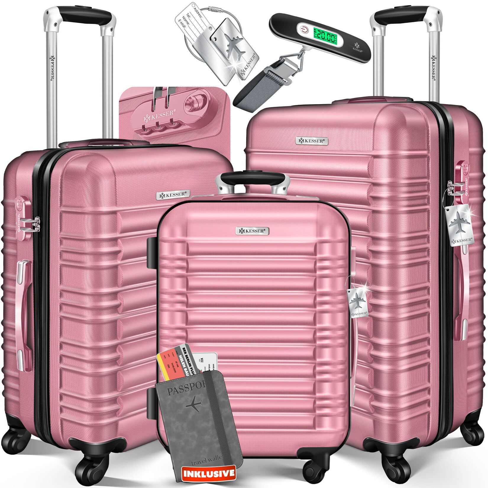 ® 3tlg. Hartschalenkofferset Hartschalenkoffer Reisekoffer Set Reisekofferset Trolley Koffer Inkl. Kofferwaage + Gepäckanhänger Rollkoffer Schloss 4 Rollen ABS-Hartschale Teleskopgriff M-L-XL