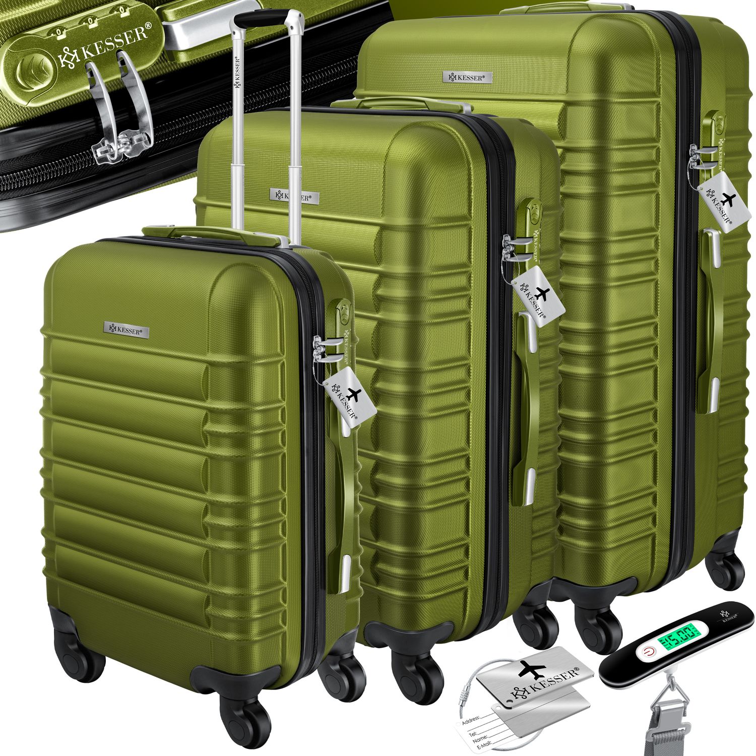 KESSER&reg; 3tlg. Hartschalenkofferset Hartschalenkoffer Reisekoffer Set Reisekofferset Trolley Koffer Inkl. Kofferwaage + Gep&auml;ckanh&auml;nger Rollkoffer Schloss 4 Rollen ABS-Hartschale Teleskopgriff M-L-XL 