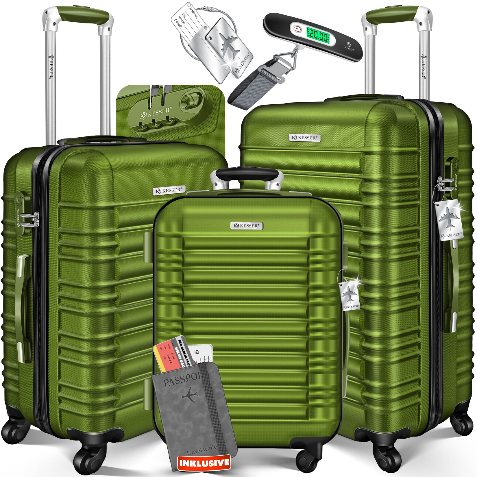 ® 3tlg. Hartschalenkofferset Hartschalenkoffer Reisekoffer Set Reisekofferset Trolley Koffer Inkl. Kofferwaage + Gepäckanhänger Rollkoffer Schloss 4 Rollen ABS-Hartschale Teleskopgriff M-L-XL