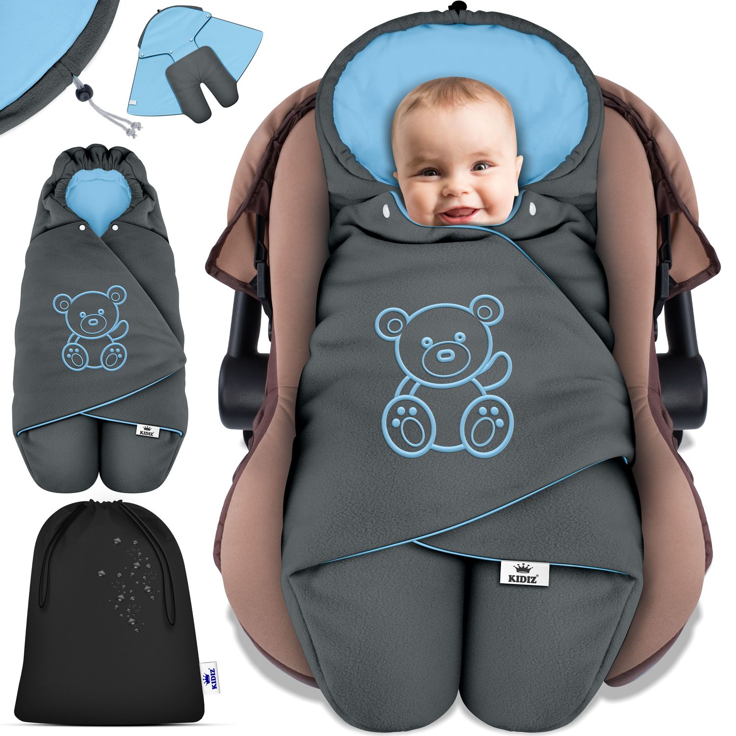 KIDIZ&reg; Baby Einschlagdecke Babyschale Winter Herbst Babydecke mit Kapuze & Tasche Universal Fu&szlig;sack kompatibel mit Maxi-Cosi, R&ouml;mer, Buggy, Kinderwagen & Autositz isolierend gegen Wind, N&auml;sse & K&auml;lte 