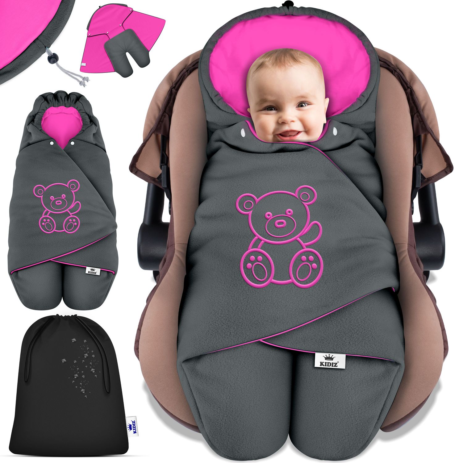 KIDIZ&reg; Baby Einschlagdecke Babyschale Winter Herbst Babydecke mit Kapuze & Tasche Universal Fu&szlig;sack kompatibel mit Maxi-Cosi, R&ouml;mer, Buggy, Kinderwagen & Autositz isolierend gegen Wind, N&auml;sse & K&auml;lte 