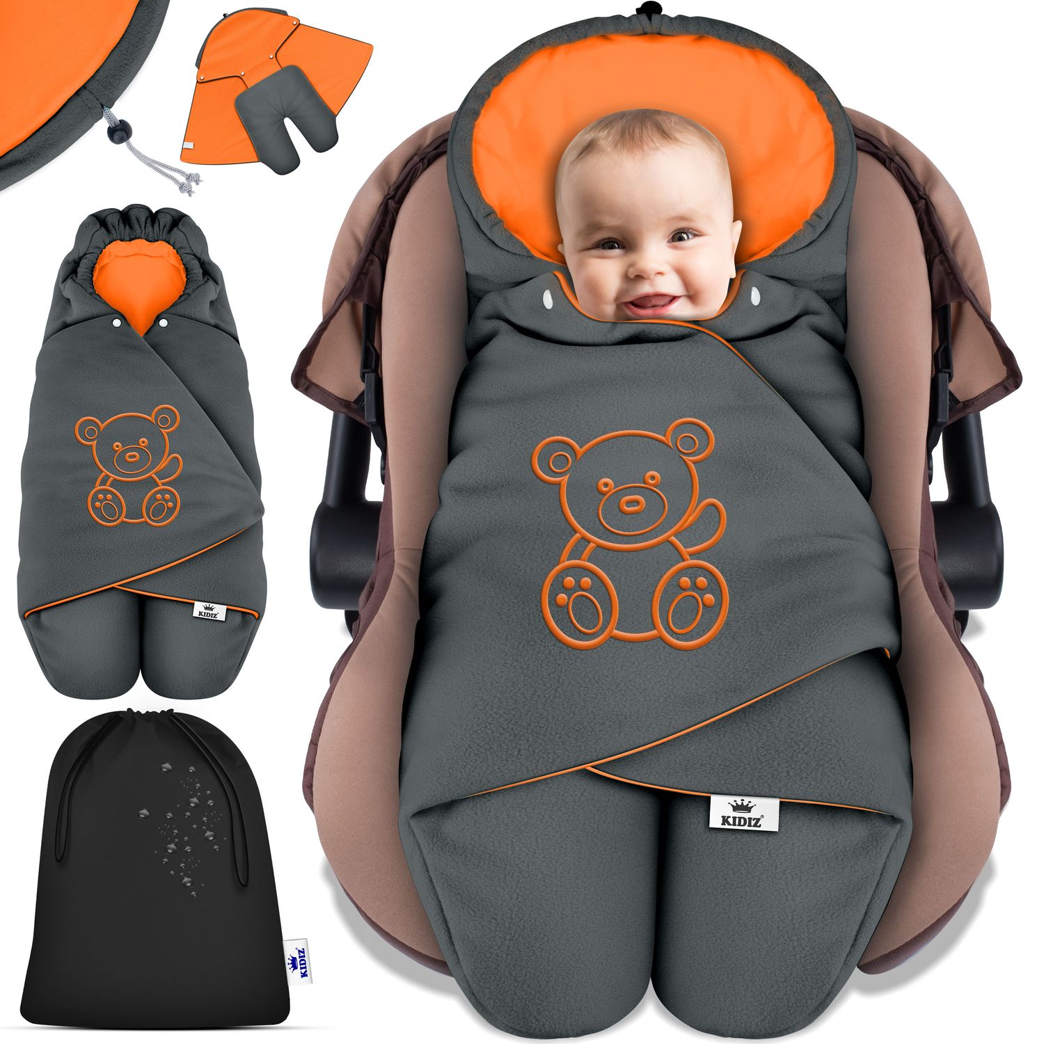 KIDIZ&reg; Baby Einschlagdecke Babyschale Winter Herbst Babydecke mit Kapuze & Tasche Universal Fu&szlig;sack kompatibel mit Maxi-Cosi, R&ouml;mer, Buggy, Kinderwagen & Autositz isolierend gegen Wind, N&auml;sse & K&auml;lte 