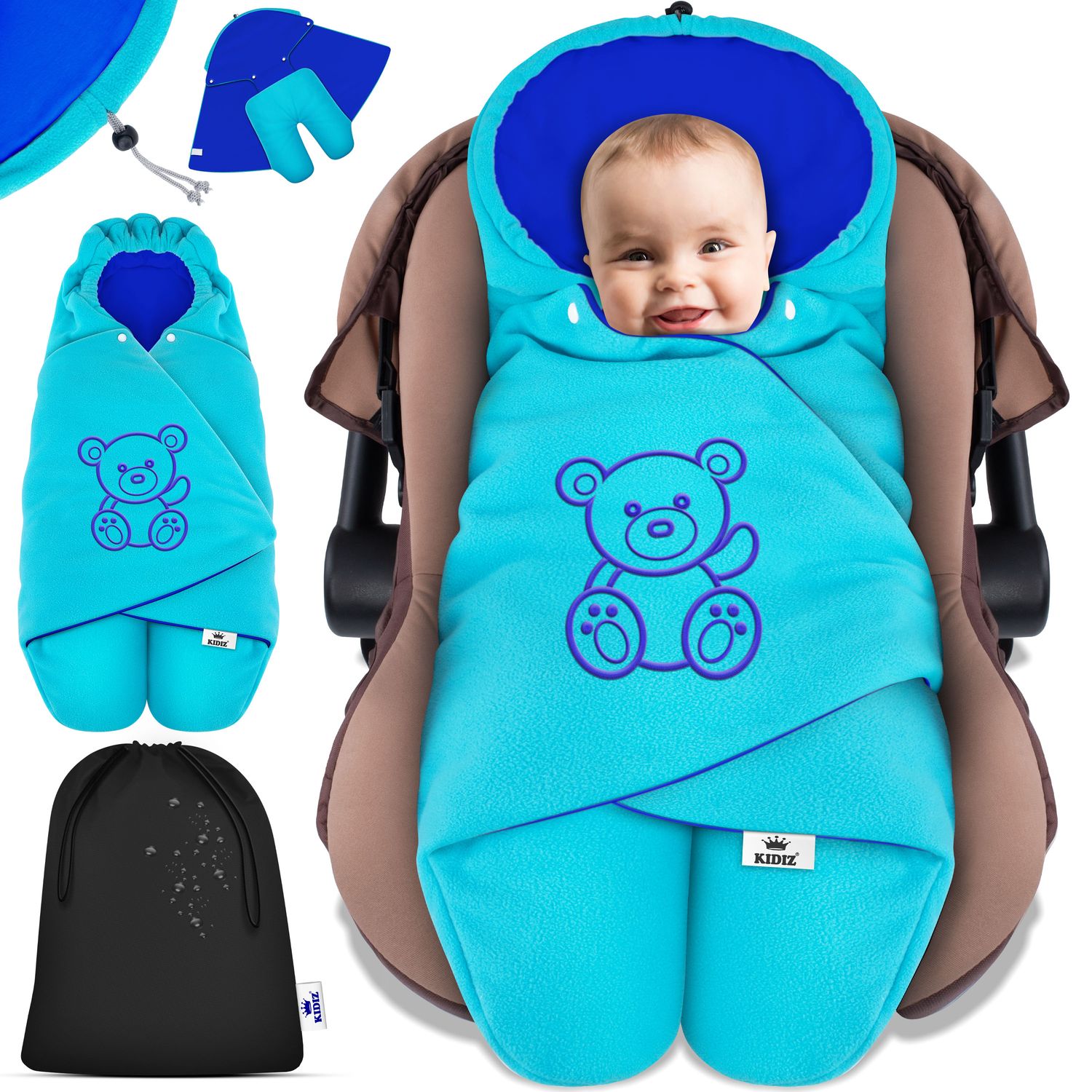 KIDIZ&reg; Baby Einschlagdecke Babyschale Winter Herbst Babydecke mit Kapuze & Tasche Universal Fu&szlig;sack kompatibel mit Maxi-Cosi, R&ouml;mer, Buggy, Kinderwagen & Autositz isolierend gegen Wind, N&auml;sse & K&auml;lte 