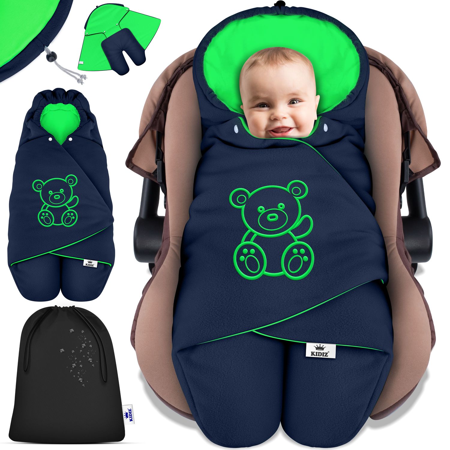 KIDIZ&reg; Baby Einschlagdecke Babyschale Winter Herbst Babydecke mit Kapuze & Tasche Universal Fu&szlig;sack kompatibel mit Maxi-Cosi, R&ouml;mer, Buggy, Kinderwagen & Autositz isolierend gegen Wind, N&auml;sse & K&auml;lte 