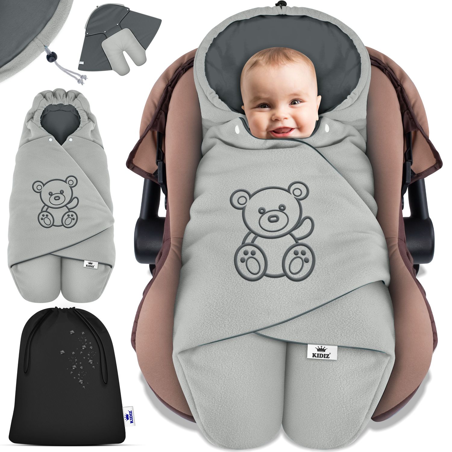KIDIZ&reg; Baby Einschlagdecke Babyschale Winter Herbst Babydecke mit Kapuze & Tasche Universal Fu&szlig;sack kompatibel mit Maxi-Cosi, R&ouml;mer, Buggy, Kinderwagen & Autositz isolierend gegen Wind, N&auml;sse & K&auml;lte 