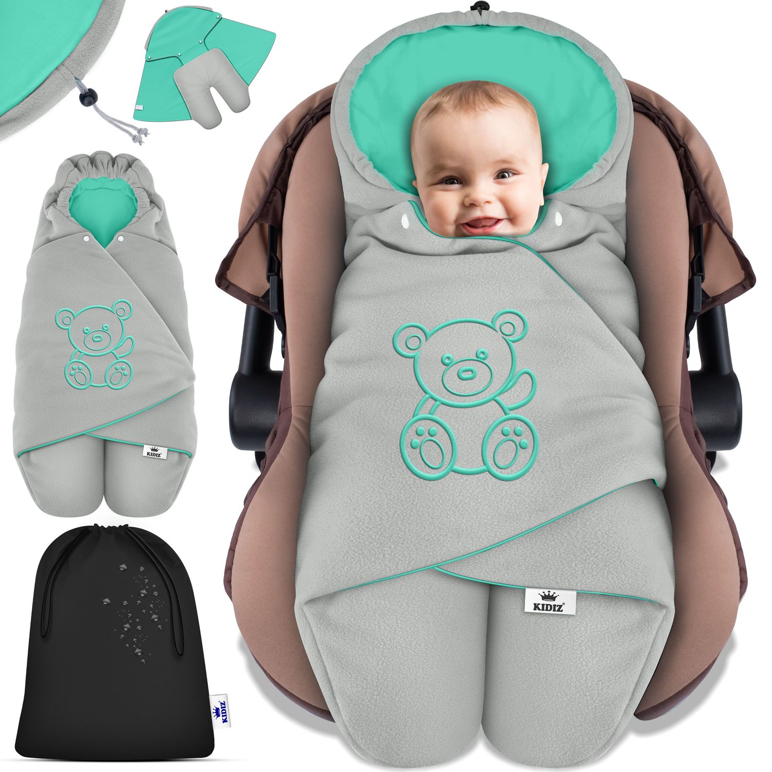 KIDIZ&reg; Baby Einschlagdecke Babyschale Winter Herbst Babydecke mit Kapuze & Tasche Universal Fu&szlig;sack kompatibel mit Maxi-Cosi, R&ouml;mer, Buggy, Kinderwagen & Autositz isolierend gegen Wind, N&auml;sse & K&auml;lte 