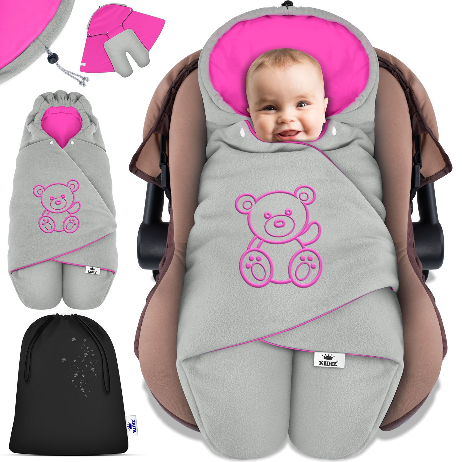 KIDIZ&reg; Baby Einschlagdecke Babyschale Winter Herbst Babydecke mit Kapuze & Tasche Universal Fu&szlig;sack kompatibel mit Maxi-Cosi, R&ouml;mer, Buggy, Kinderwagen & Autositz isolierend gegen Wind, N&auml;sse & K&auml;lte 