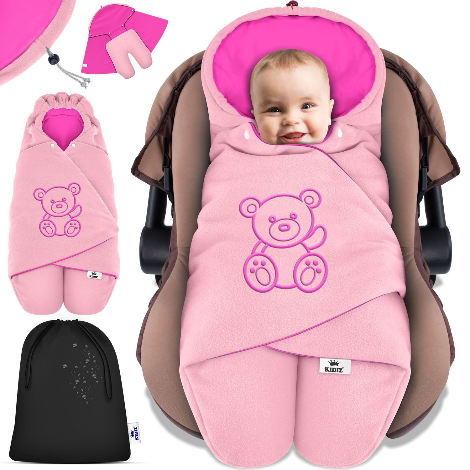 KIDIZ&reg; Baby Einschlagdecke Babyschale Winter Herbst Babydecke mit Kapuze & Tasche Universal Fu&szlig;sack kompatibel mit Maxi-Cosi, R&ouml;mer, Buggy, Kinderwagen & Autositz isolierend gegen Wind, N&auml;sse & K&auml;lte 