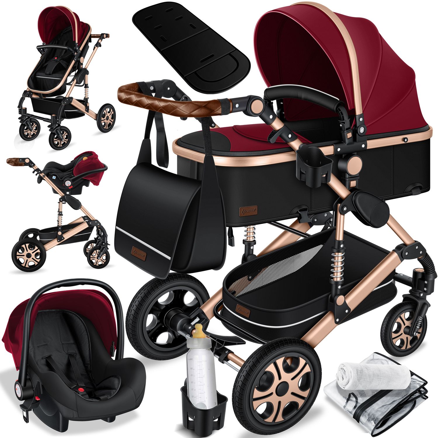 KESSER&reg; Loops Kinderwagen 4 in 1 Kombikinderwagen Komplett-Set auch als Buggy f&uuml;r Kinder bis 4 Jahre inkl. Babywanne, Babyschale + Fu&szlig;sack, Korb, Wickeltasche, Regen- & Insektenschutz & Flaschenhalter 