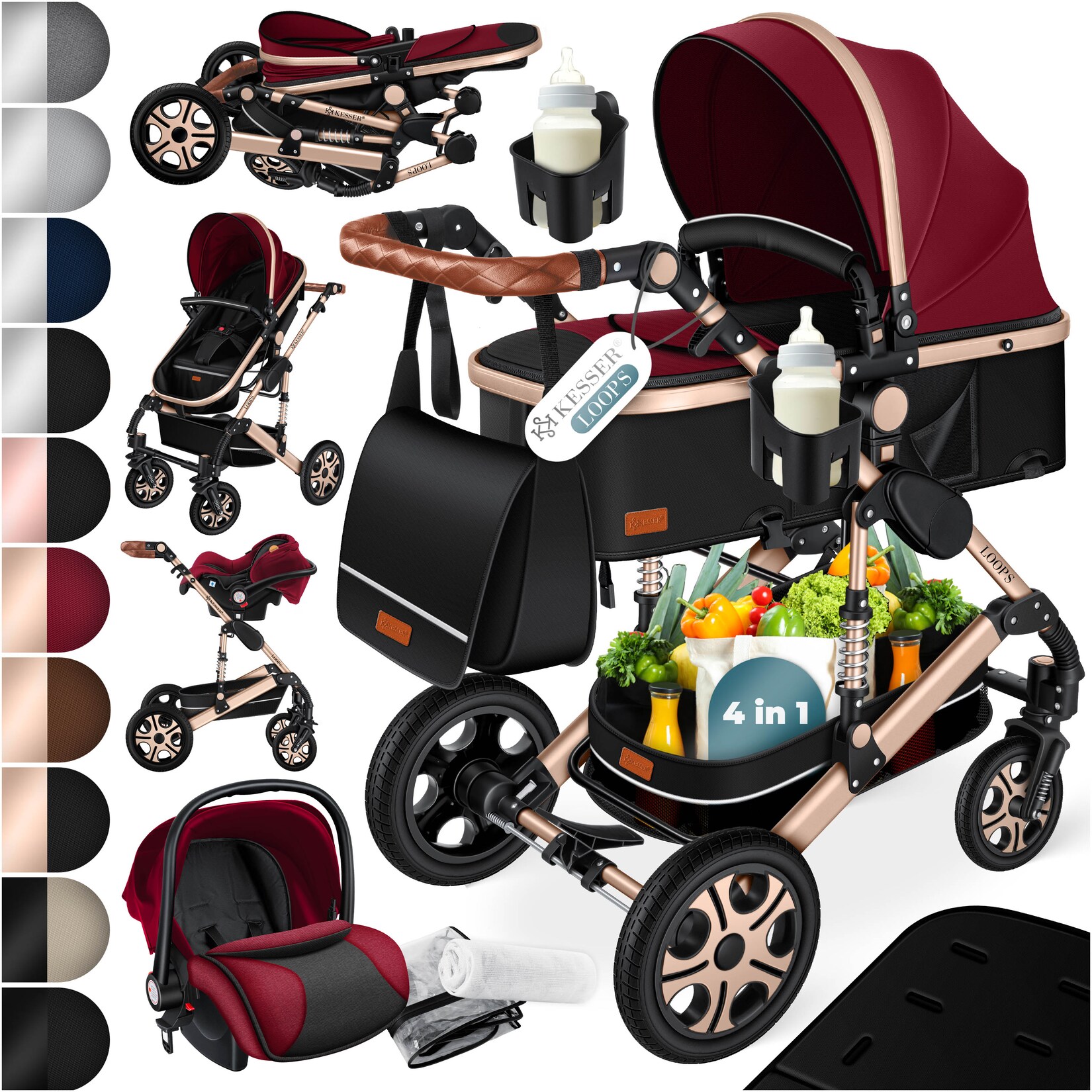® Loops Kinderwagen 4 in 1 Kombikinderwagen Komplett-Set auch als Buggy für Kinder bis 4 Jahre inkl. Babywanne, Babyschale + Fußsack, Korb, Wickeltasche, Regen- & Insektenschutz & Flaschenhalter