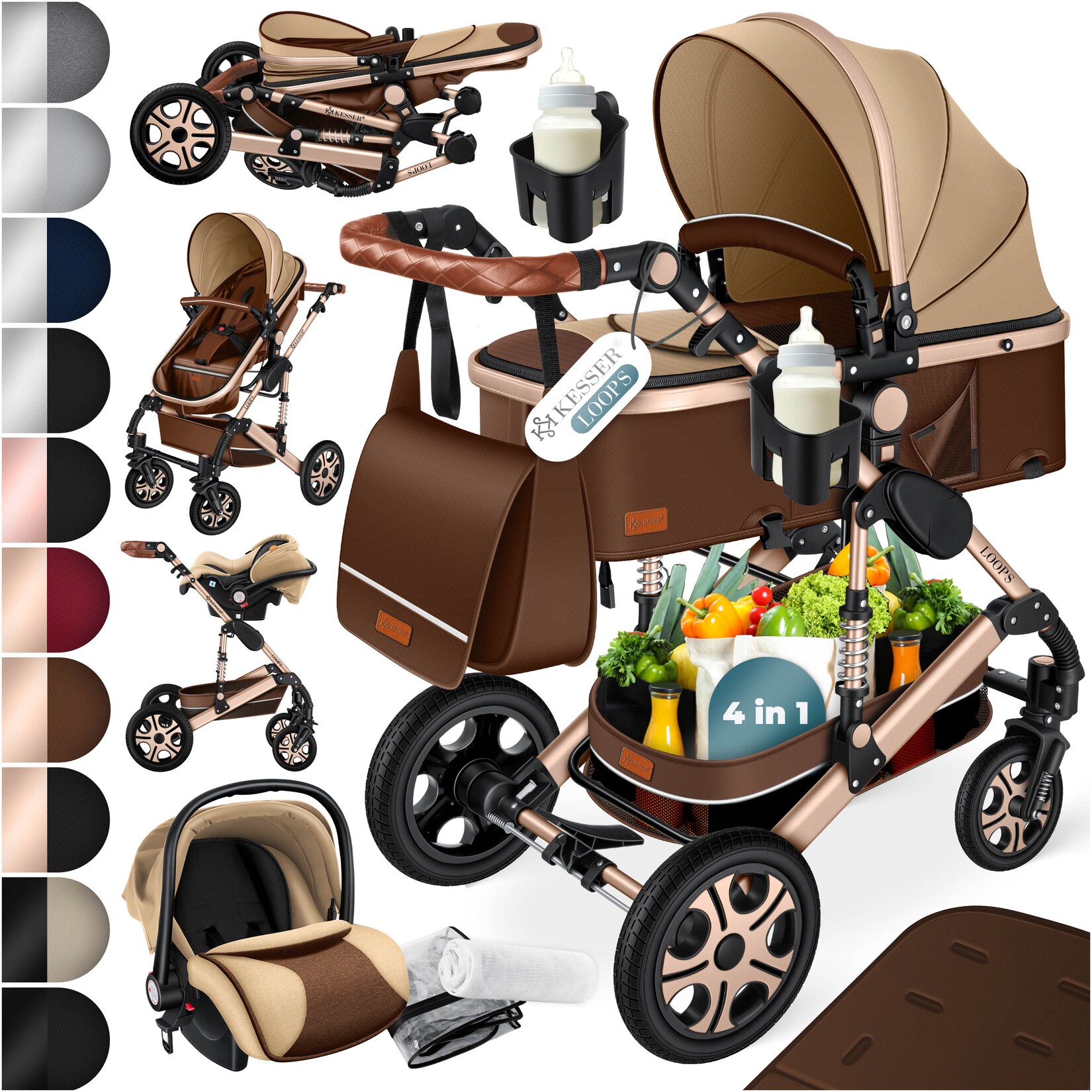 ® Loops Kinderwagen 4 in 1 Kombikinderwagen Komplett-Set auch als Buggy für Kinder bis 4 Jahre inkl. Babywanne, Babyschale + Fußsack, Korb, Wickeltasche, Regen- & Insektenschutz & Flaschenhalter