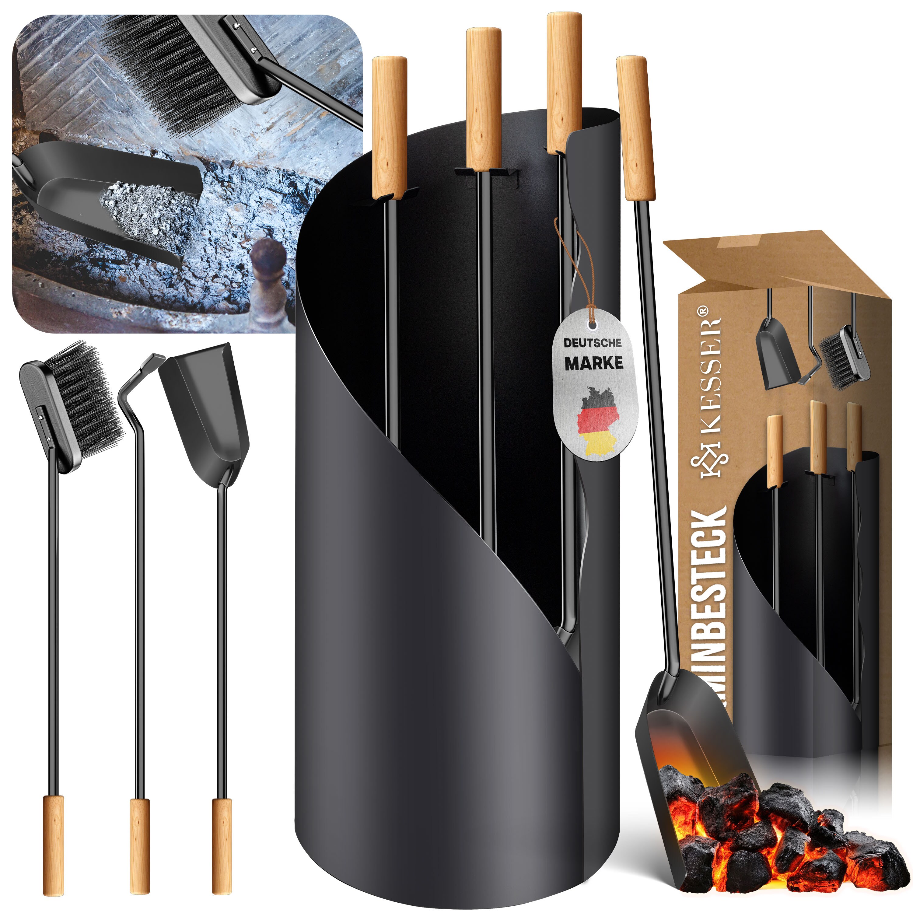 KESSER&reg; Kaminbesteck Set 4-teiliges Kaminzubeh&ouml;r &ndash; Modern Design, beschichtet, Hochwertige Kamingarnitur aus 4 Teilen: Besen, Schaufel, Sch&uuml;rhaken, St&auml;nder Stahl Edelstahlgriffe 