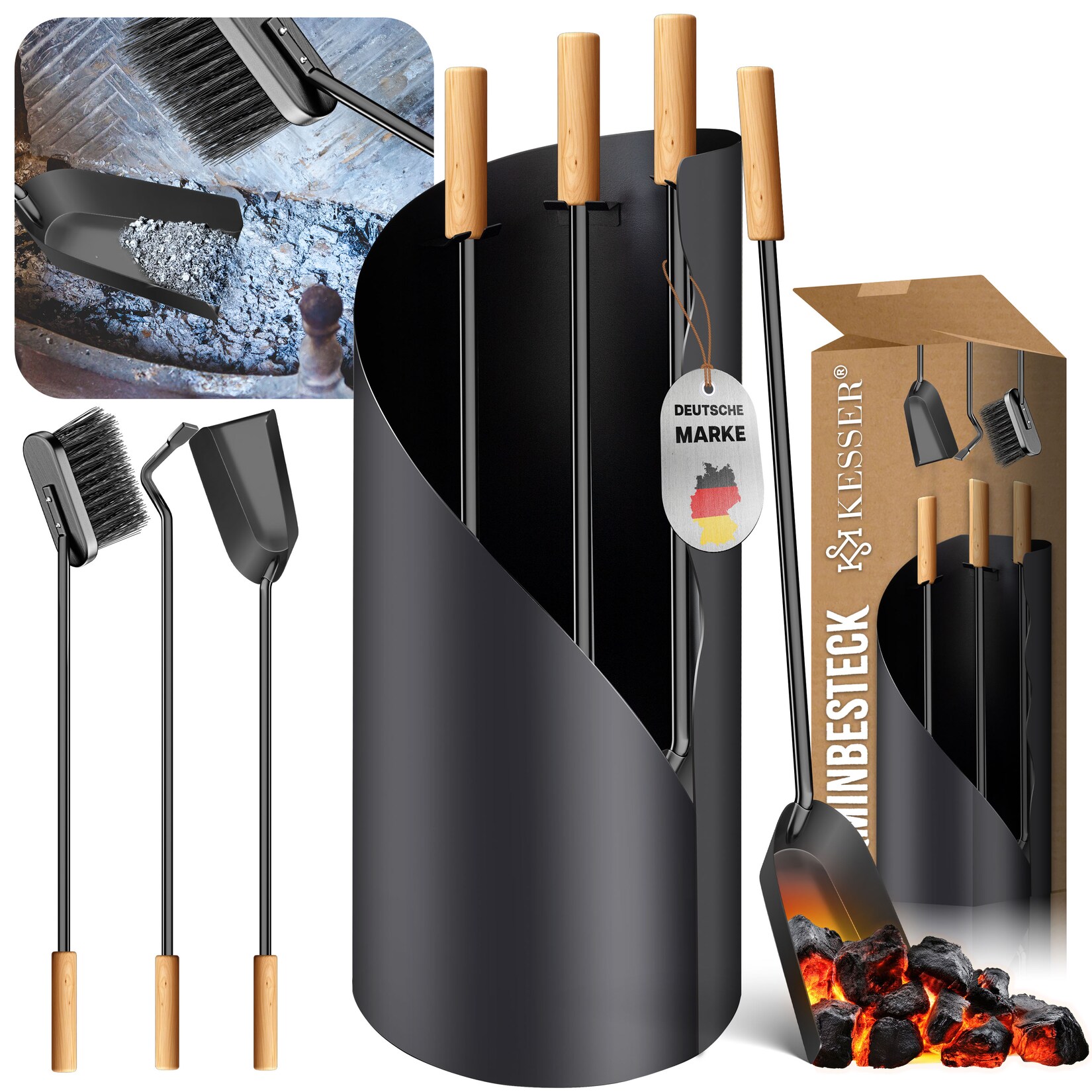 KESSER® Kaminbesteck Set 4-teiliges Kaminzubehör – Modern Design, beschichtet, Hochwertige Kamingarnitur aus 4 Teilen: Besen, Schaufel, Schürhaken, Ständer Stahl Edelstahlgriffe