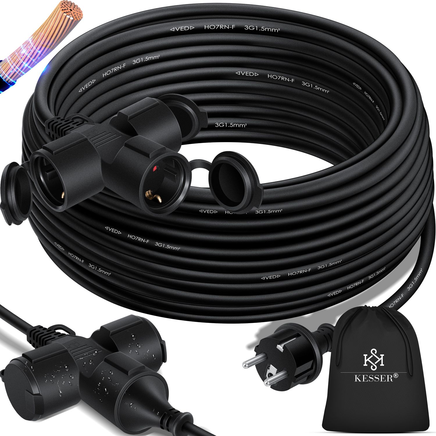 KESSER&reg; Verl&auml;ngerungskabel mit Schutzkappe Outdoor - f&uuml;r Innenbereich Au&szlig;enbereich - Verl&auml;ngerung Stromkabel &ndash; 230 V IP44 - Schutzkontakt Baustellenkabel Schutzkontaktstecker 