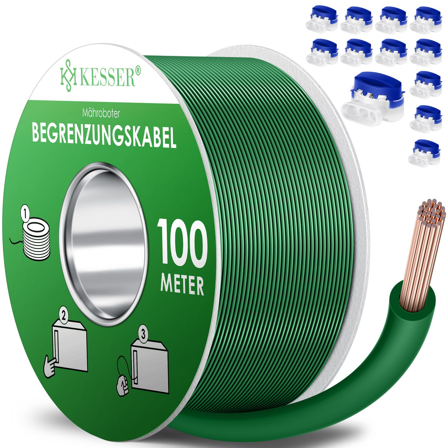 KESSER&reg; Begrenzungskabel + Erdspie&szlig;e + Kabelverbinder f&uuml;r M&auml;hroboter Rasenm&auml;her Rasenroboter Zubeh&ouml;r SET Begrenzungsdraht Universal kompatibel mit GARDENA/BOSCH/WORX/HONDA/ROBOMOW 