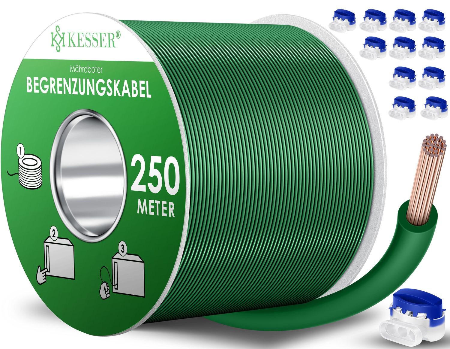 KESSER&reg; Begrenzungskabel + Erdspie&szlig;e + Kabelverbinder f&uuml;r M&auml;hroboter Rasenm&auml;her Rasenroboter Zubeh&ouml;r SET Begrenzungsdraht Universal kompatibel mit GARDENA/BOSCH/WORX/HONDA/ROBOMOW 