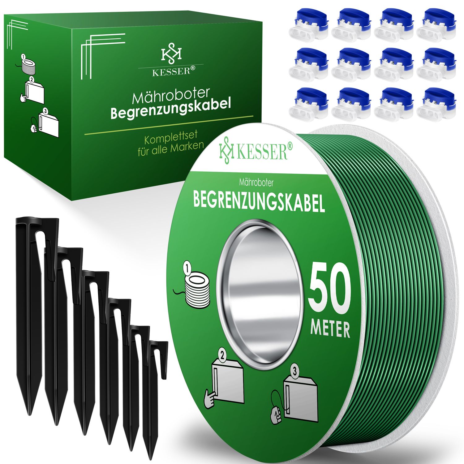KESSER&reg; Begrenzungskabel + Erdspie&szlig;e + Kabelverbinder f&uuml;r M&auml;hroboter Rasenm&auml;her Rasenroboter Zubeh&ouml;r SET Begrenzungsdraht Universal kompatibel mit GARDENA/BOSCH/WORX/HONDA/ROBOMOW 