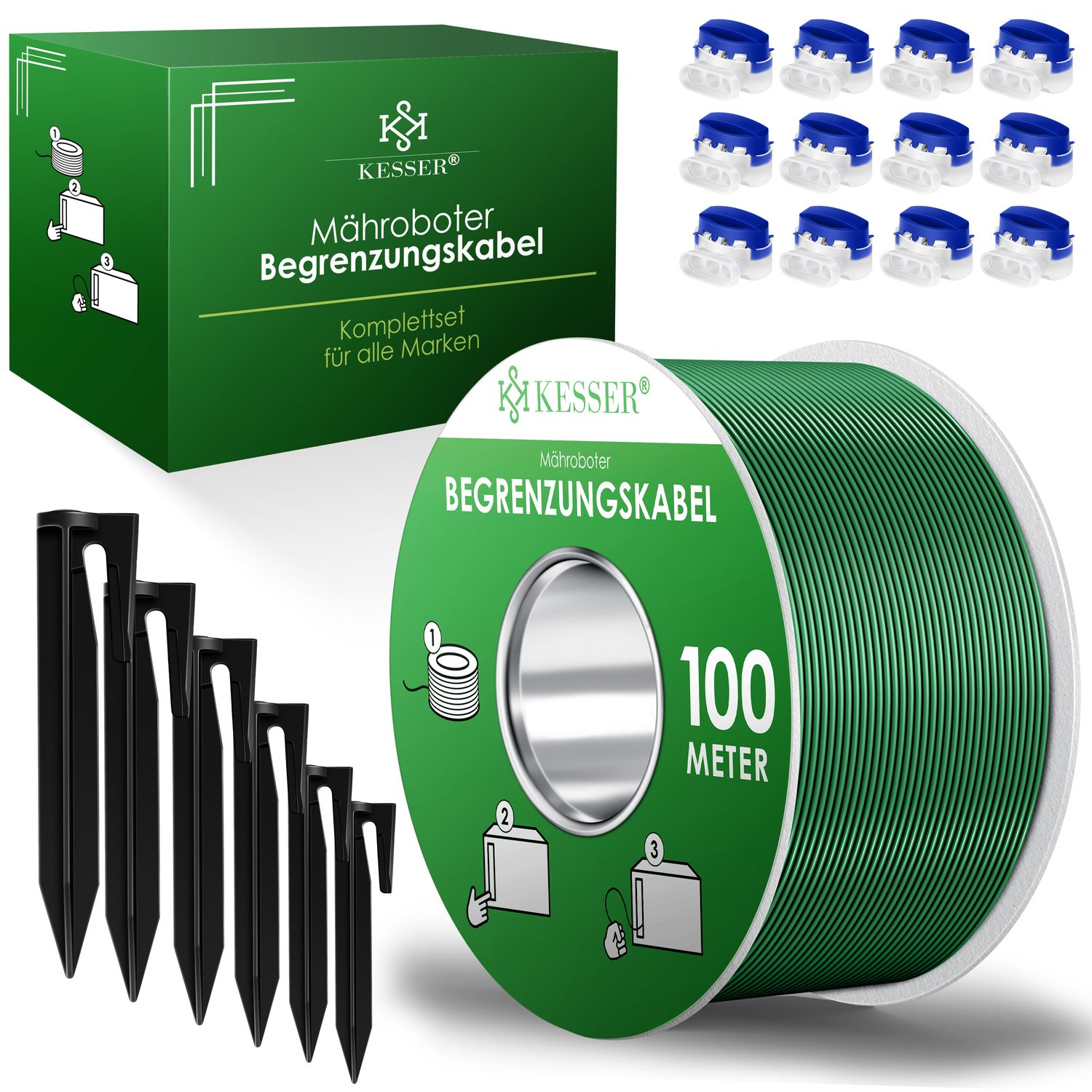 KESSER&reg; Begrenzungskabel + Erdspie&szlig;e + Kabelverbinder f&uuml;r M&auml;hroboter Rasenm&auml;her Rasenroboter Zubeh&ouml;r SET Begrenzungsdraht Universal kompatibel mit GARDENA/BOSCH/WORX/HONDA/ROBOMOW 