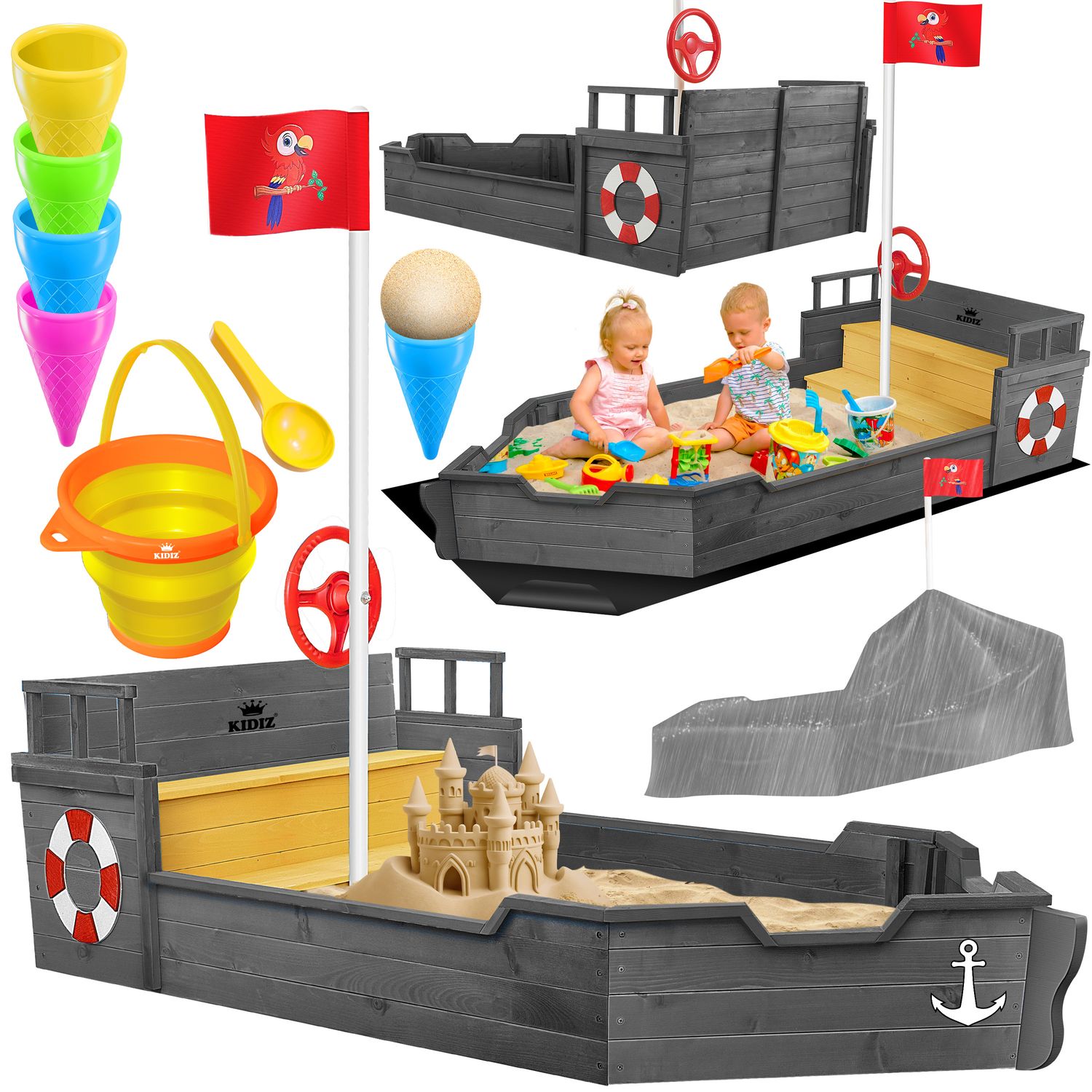 KIDIZ&reg; Sandkasten Ahoi - Piratenschiff Boot Segelschiff aus Holz Inkl. Abdeckung, Bodenplane, Sitzbank, Flaggenmast, Sandspielzeug  | Gro&szlig;e Kinder Sandkiste f&uuml;r den Garten | Outdoor Sandbox 
