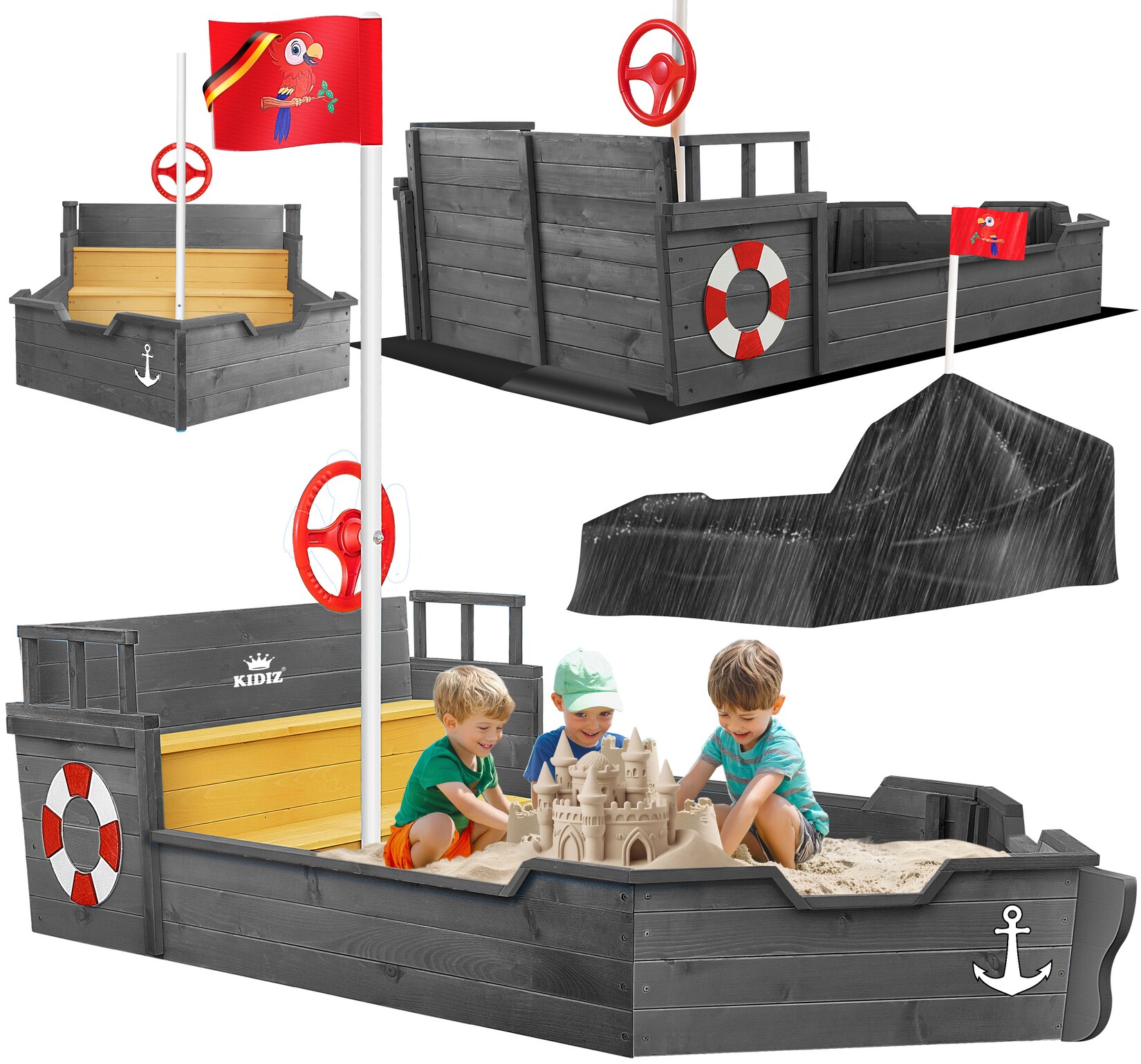® Sandkasten Ahoi - Piratenschiff Boot Segelschiff aus Holz Inkl. Abdeckung, Bodenplane, Sitzbank, Flaggenmast, Sandspielzeug    Große Kinder Sandkiste für den Garten   Outdoor Sandbox