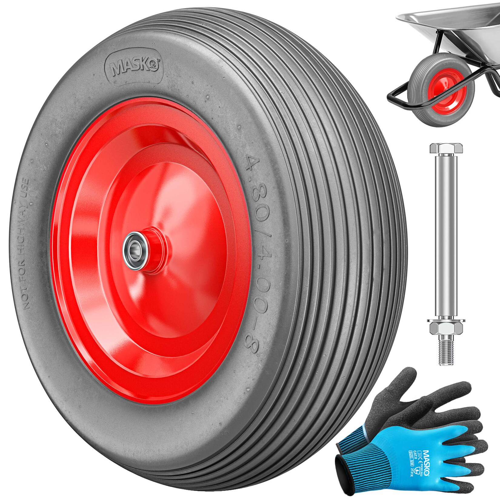 ® PU Schubkarrenrad Vollgummi  pannensicher 4.80/4.00-8 Ø 390mm inkl. Achse Ersatzrad Gummirad Stahlfelge Reifen pannensicher für Schubkarre Gartenkarren pannensicheres PU Rad