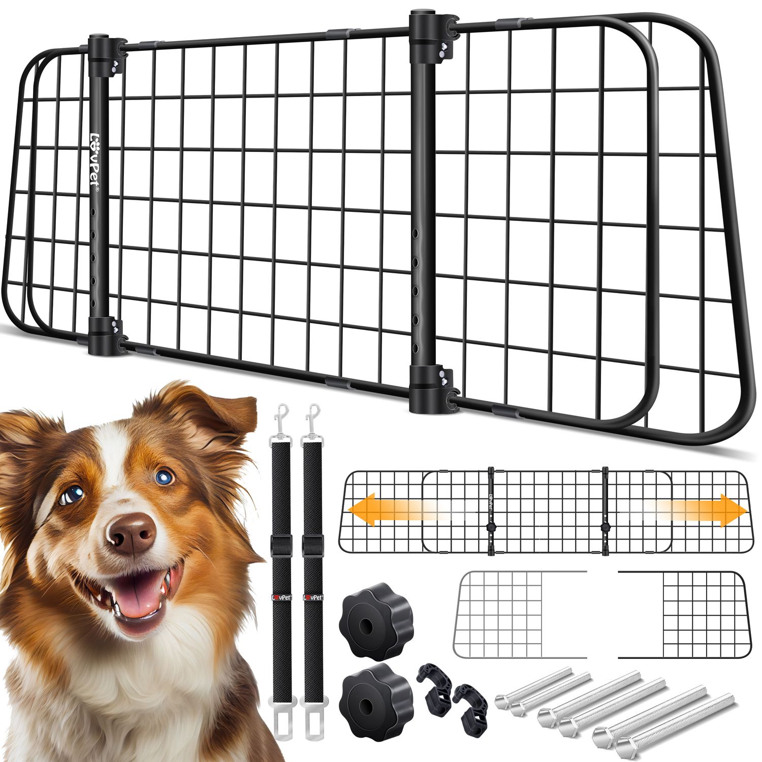LovPet&reg; Hundegitter Auto, Autoschutzgitter Trenngitter Universal, verstellbare Breite, Kopfst&uuml;tze Kofferraum Autogitter Ma&szlig;e HxB 30 x 91-153 cm Kofferraumgitter,+ 2x Sicherheitsgurt f&uuml;r Hunde 