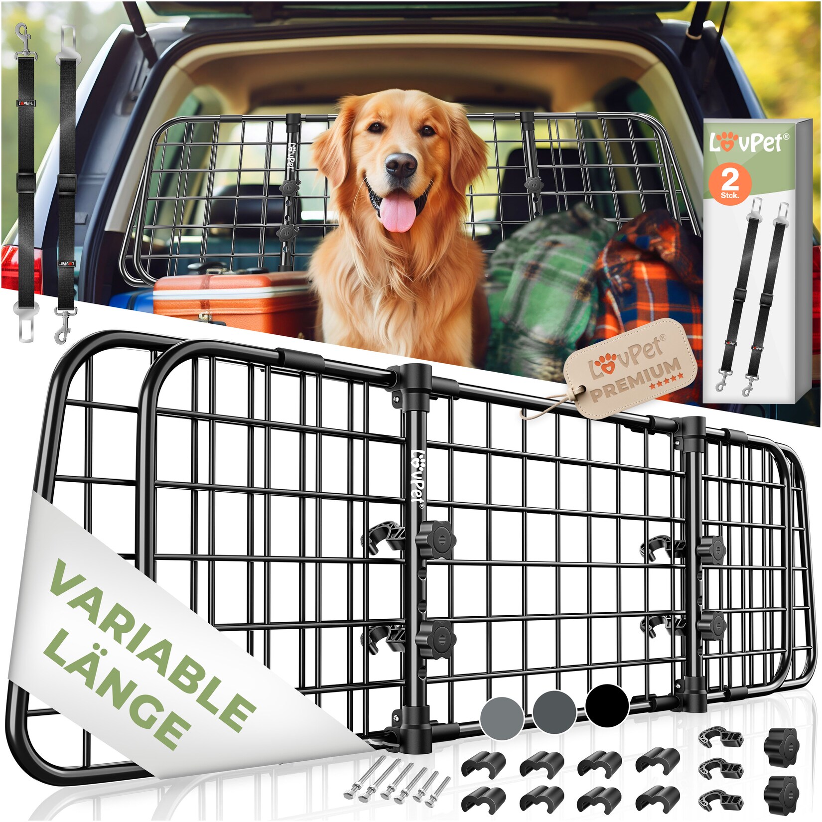 LovPet® Hundegitter Auto, Autoschutzgitter Trenngitter Universal, verstellbare Breite, Kopfstütze Kofferraum Autogitter Maße HxB 30 x 91-153 cm Kofferraumgitter,+ 2x Sicherheitsgurt für Hunde