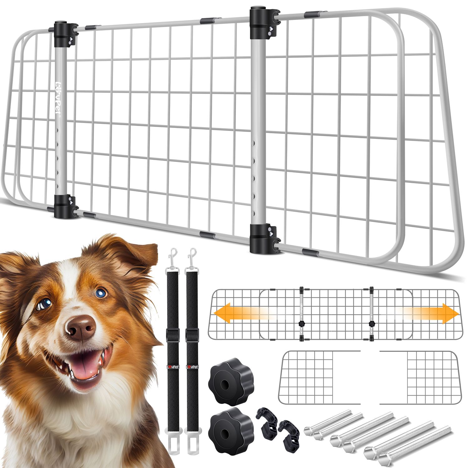 LovPet&reg; Hundegitter Auto, Autoschutzgitter Trenngitter Universal, verstellbare Breite, Kopfst&uuml;tze Kofferraum Autogitter Ma&szlig;e HxB 30 x 91-153 cm Kofferraumgitter,+ 2x Sicherheitsgurt f&uuml;r Hunde 