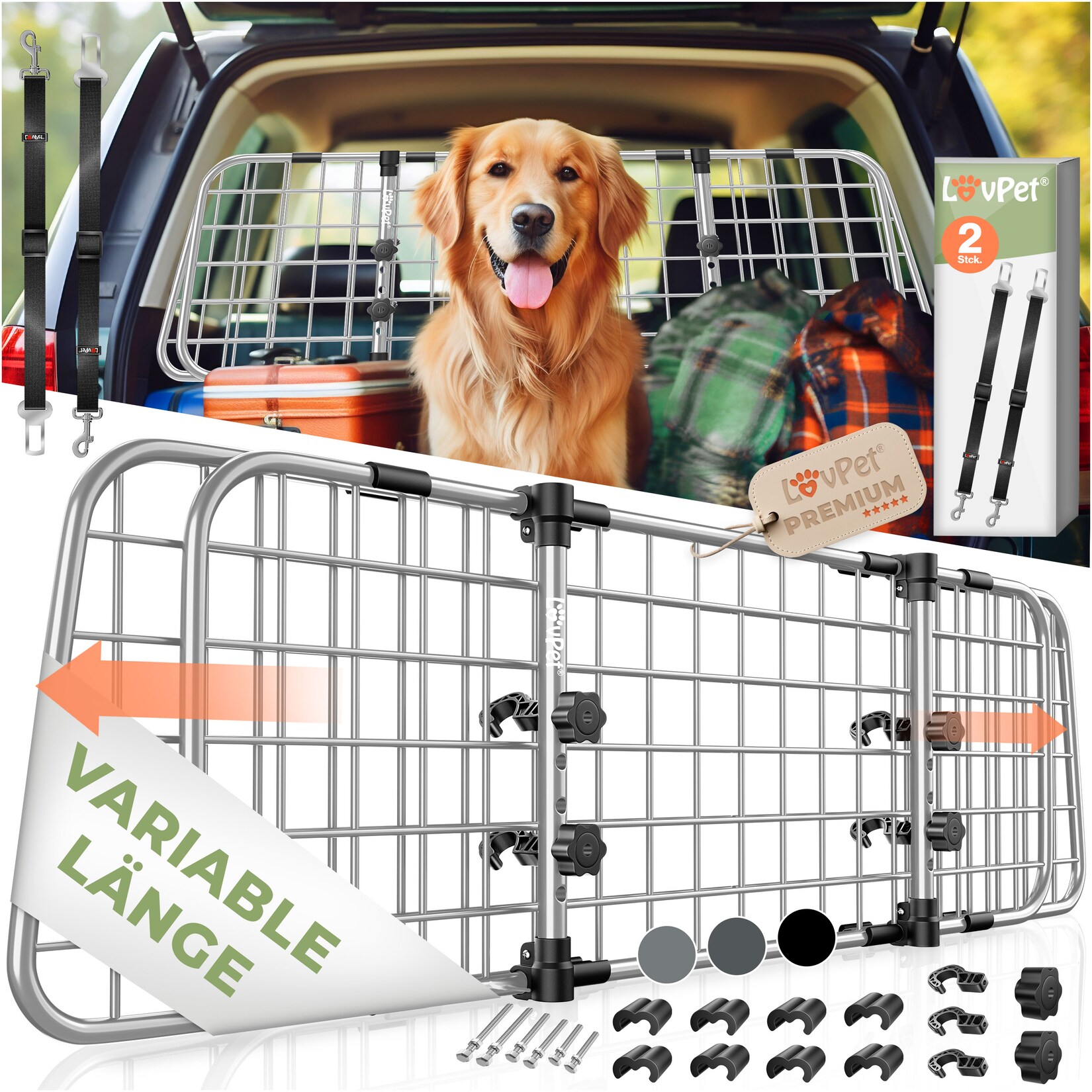 LovPet® Hundegitter Auto, Autoschutzgitter Trenngitter Universal, verstellbare Breite, Kopfstütze Kofferraum Autogitter Maße HxB 30 x 91-153 cm Kofferraumgitter,+ 2x Sicherheitsgurt für Hunde