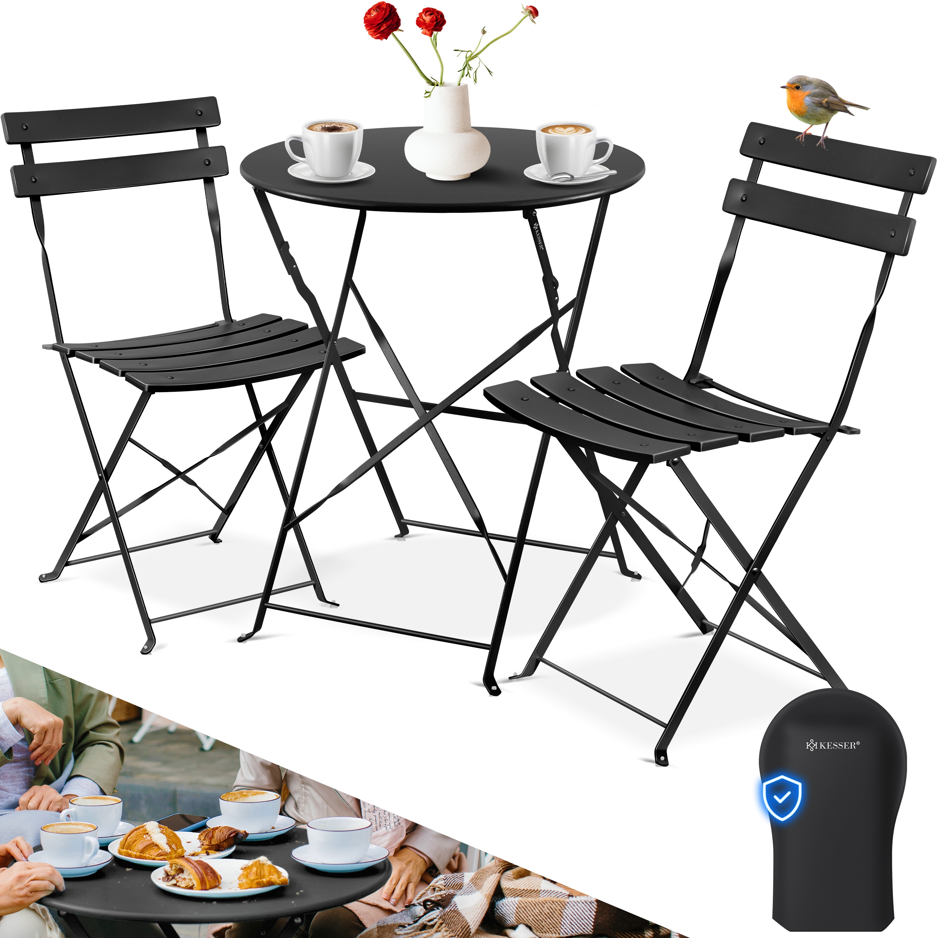 KESSER&reg; Bistroset 3-teilig Bistrotisch mit 2 klappbaren St&uuml;hle Set Balkonset Balkonm&ouml;bel Klapp-M&ouml;bel Gartenset Sitzgarnitur Gartengarnitur Gartenm&ouml;bel Sitzgruppe Metall Bistro Gartentisch inkl. Abdeckung 