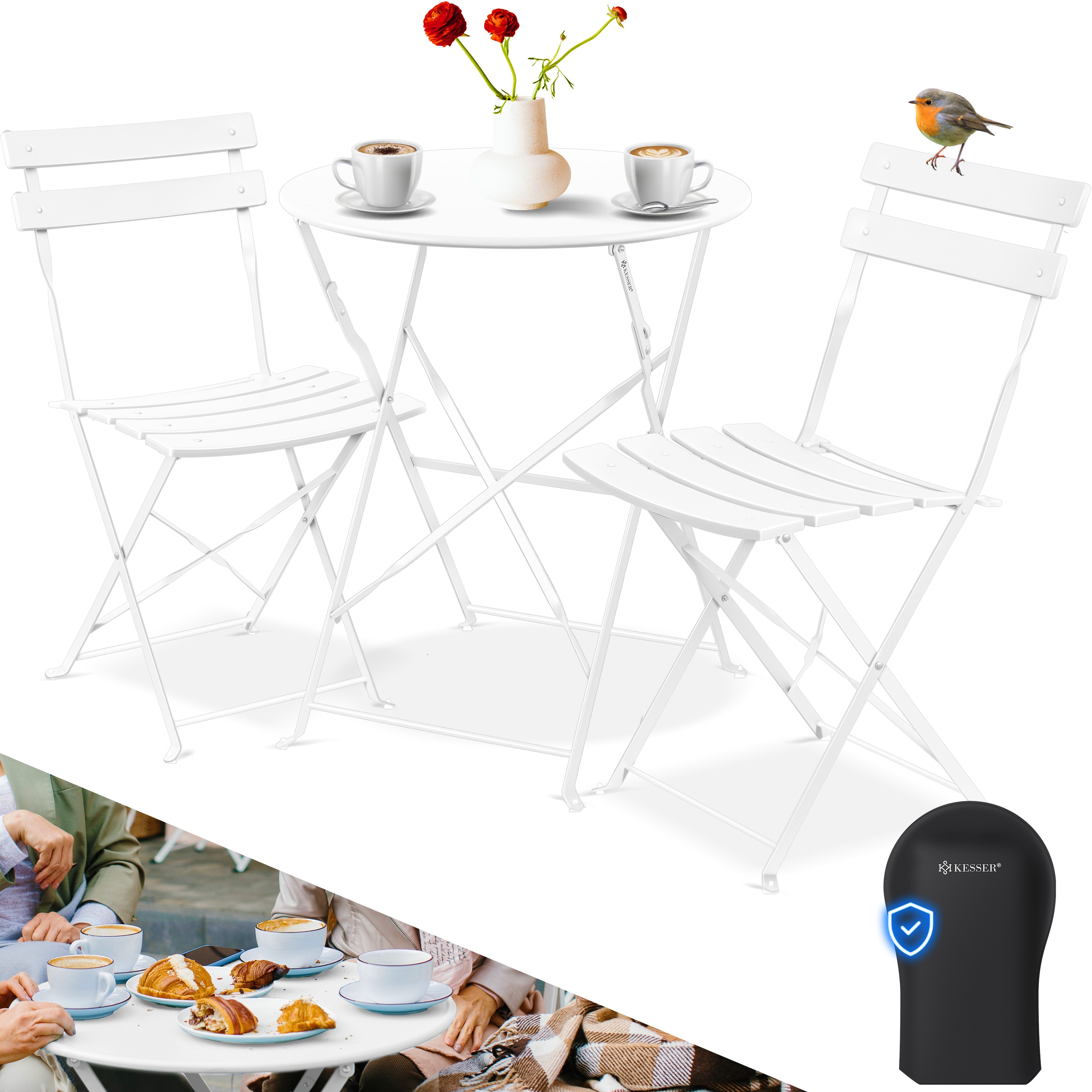 KESSER&reg; Bistroset 3-teilig Bistrotisch mit 2 klappbaren St&uuml;hle Set Balkonset Balkonm&ouml;bel Klapp-M&ouml;bel Gartenset Sitzgarnitur Gartengarnitur Gartenm&ouml;bel Sitzgruppe Metall Bistro Gartentisch inkl. Abdeckung 