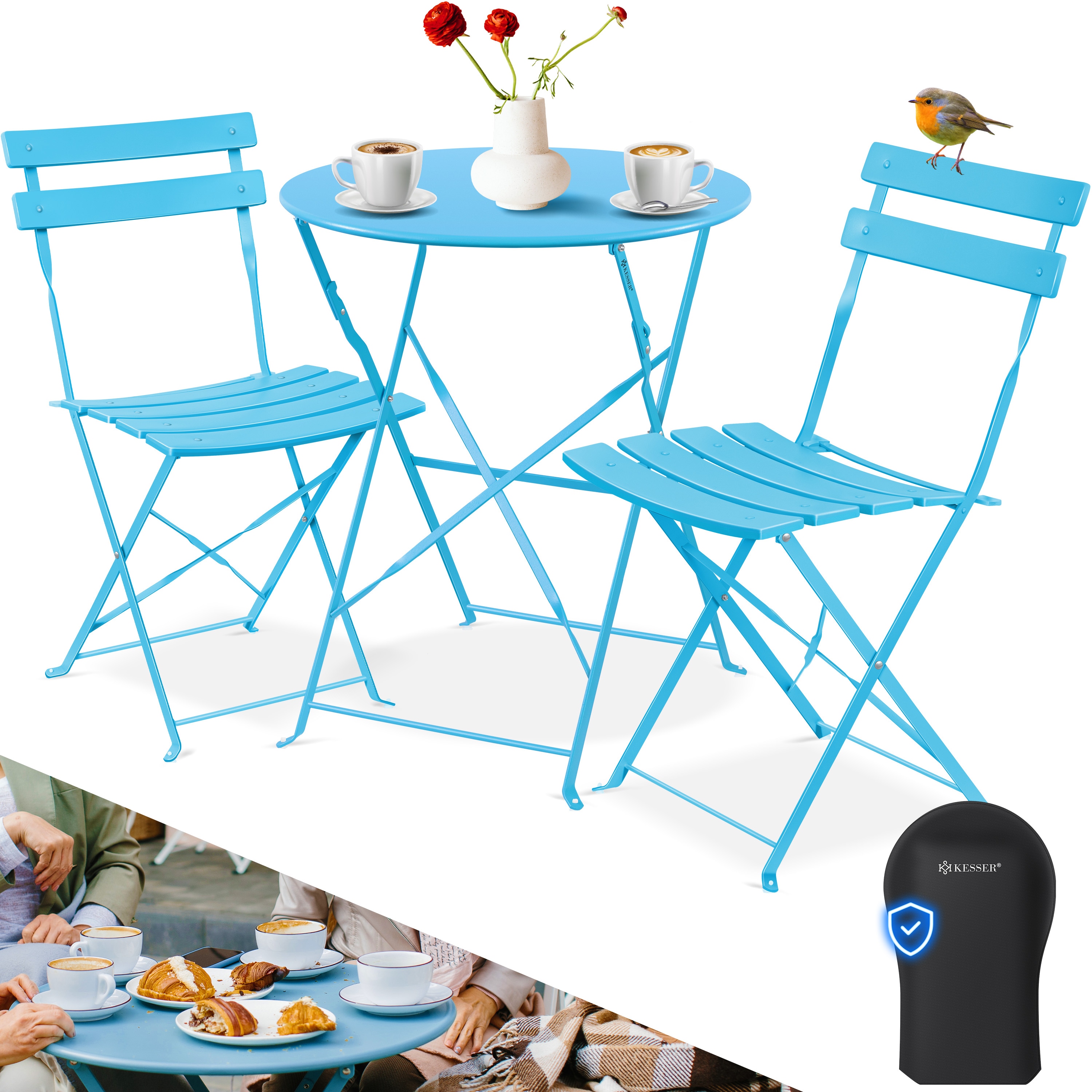 KESSER&reg; Bistroset 3-teilig Bistrotisch mit 2 klappbaren St&uuml;hle Set Balkonset Balkonm&ouml;bel Klapp-M&ouml;bel Gartenset Sitzgarnitur Gartengarnitur Gartenm&ouml;bel Sitzgruppe Metall Bistro Gartentisch inkl. Abdeckung 