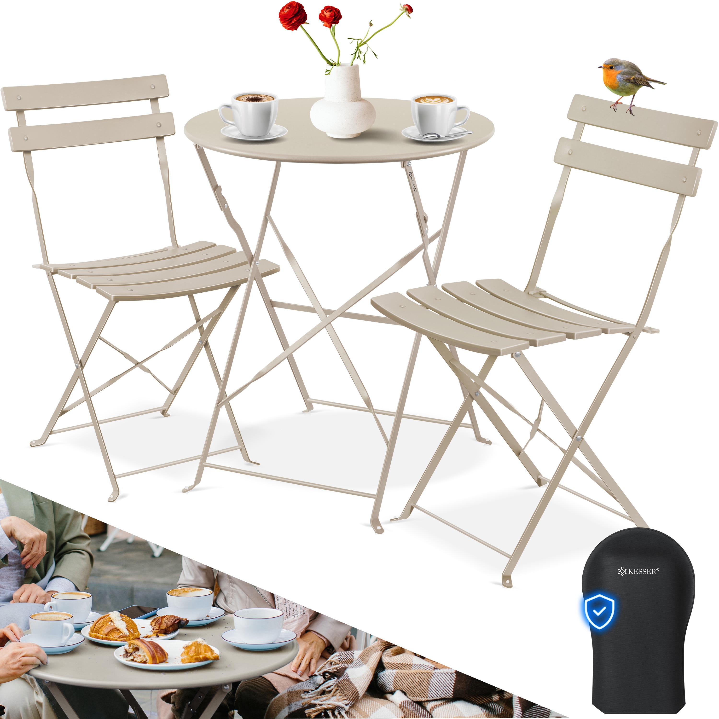 KESSER&reg; Bistroset 3-teilig Bistrotisch mit 2 klappbaren St&uuml;hle Set Balkonset Balkonm&ouml;bel Klapp-M&ouml;bel Gartenset Sitzgarnitur Gartengarnitur Gartenm&ouml;bel Sitzgruppe Metall Bistro Gartentisch inkl. Abdeckung 