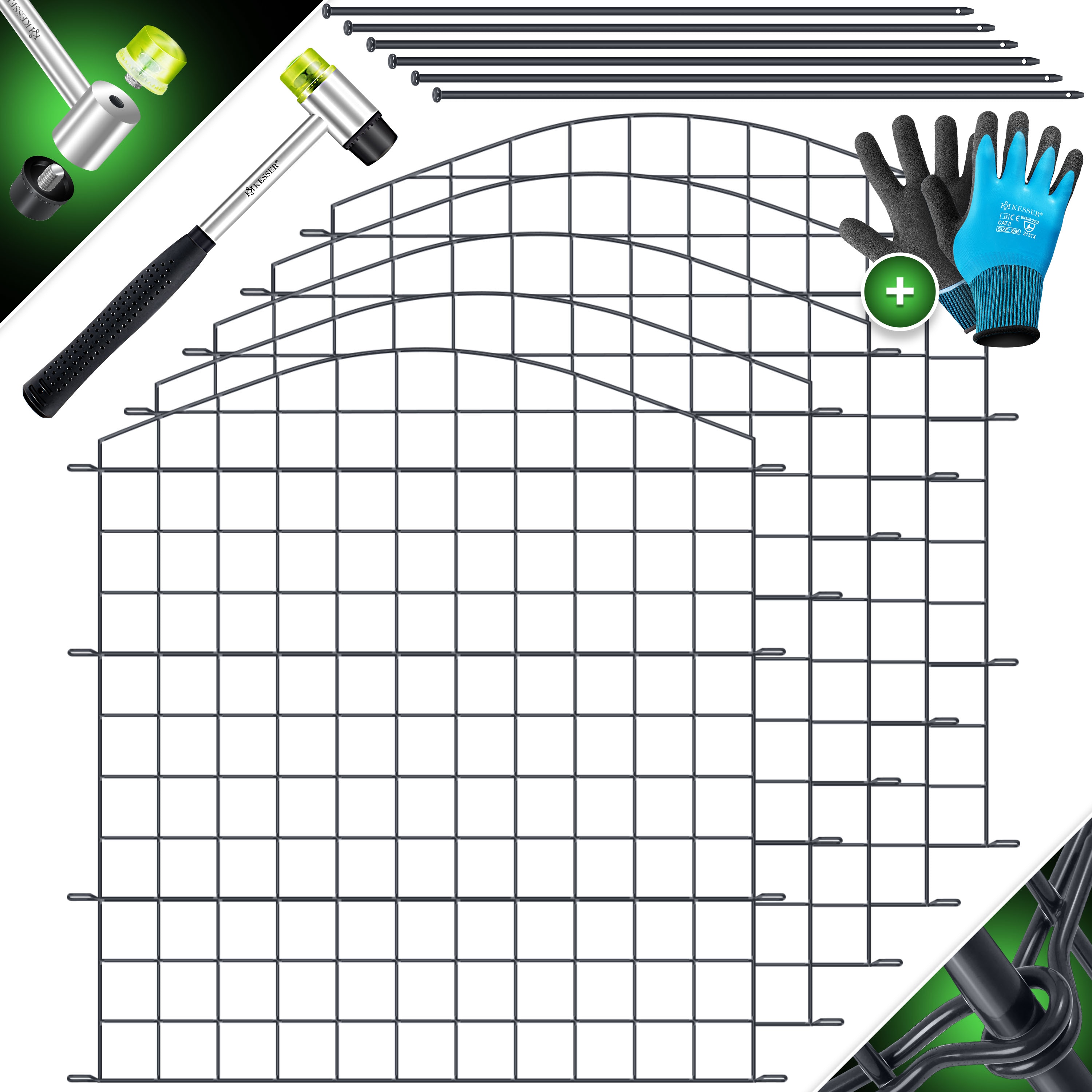 KESSER&reg; Teichzaun Gartenzaun Steckzaun Komplettset Metall Zaunelemente Inkl. Hammer + Befestigungsst&auml;ben, Zaun zum stecken f&uuml;r Garten, Oberbogen Rund Gitterzaun Set Freigehege f&uuml;r Hunde 