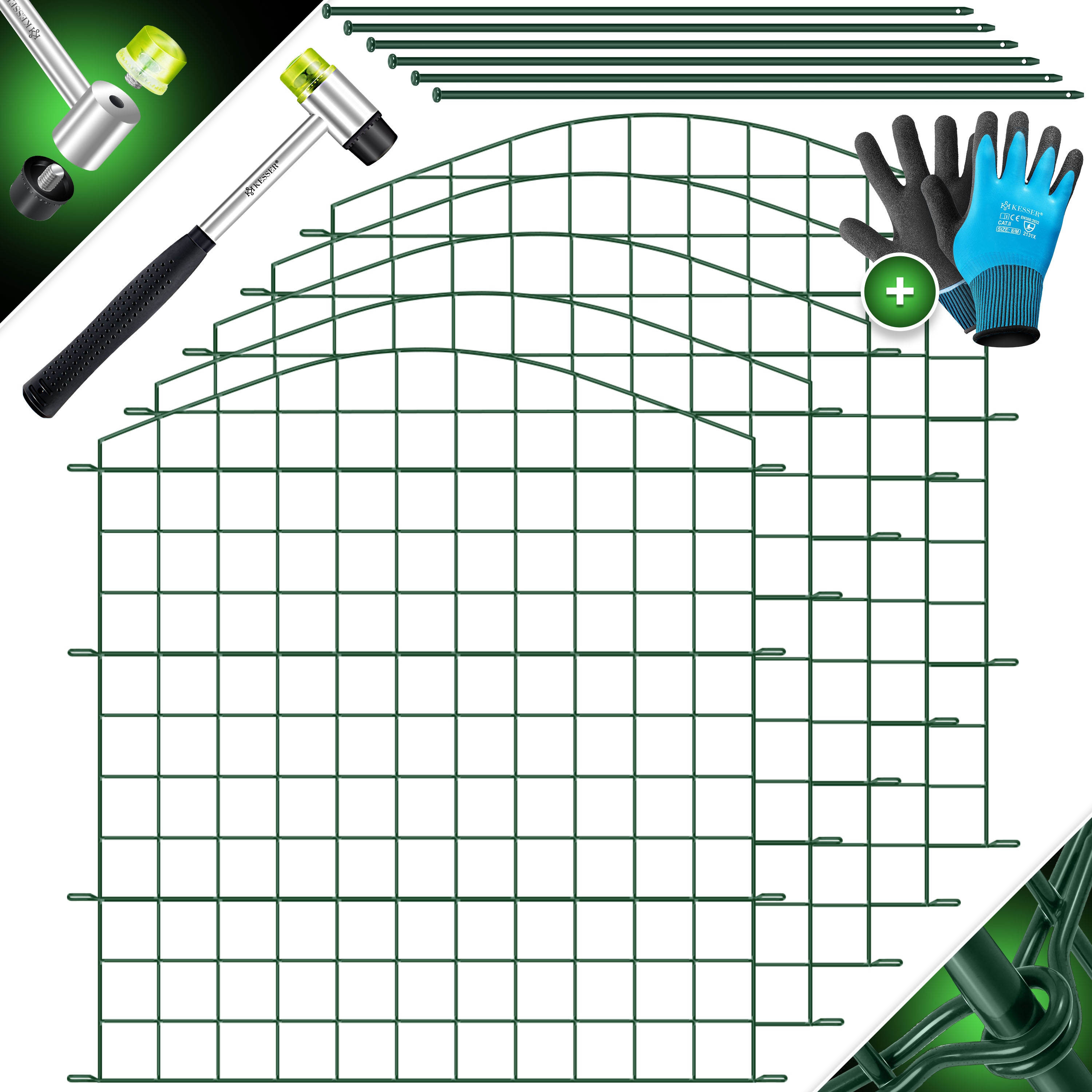KESSER&reg; Teichzaun Gartenzaun Steckzaun Komplettset Metall Zaunelemente Inkl. Hammer + Befestigungsst&auml;ben, Zaun zum stecken f&uuml;r Garten, Oberbogen Rund Gitterzaun Set Freigehege f&uuml;r Hunde 