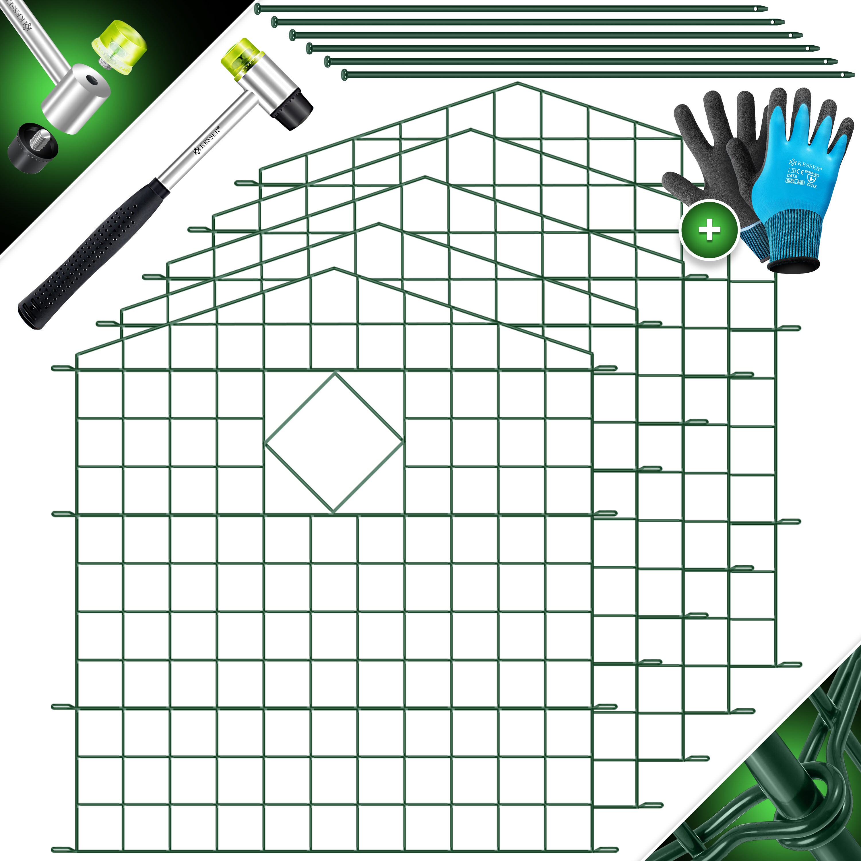 KESSER&reg; Teichzaun Gartenzaun Steckzaun Komplettset Metall Zaunelemente Inkl. Hammer + Befestigungsst&auml;ben, Zaun zum stecken f&uuml;r Garten, Oberbogen Rund Gitterzaun Set Freigehege f&uuml;r Hunde 