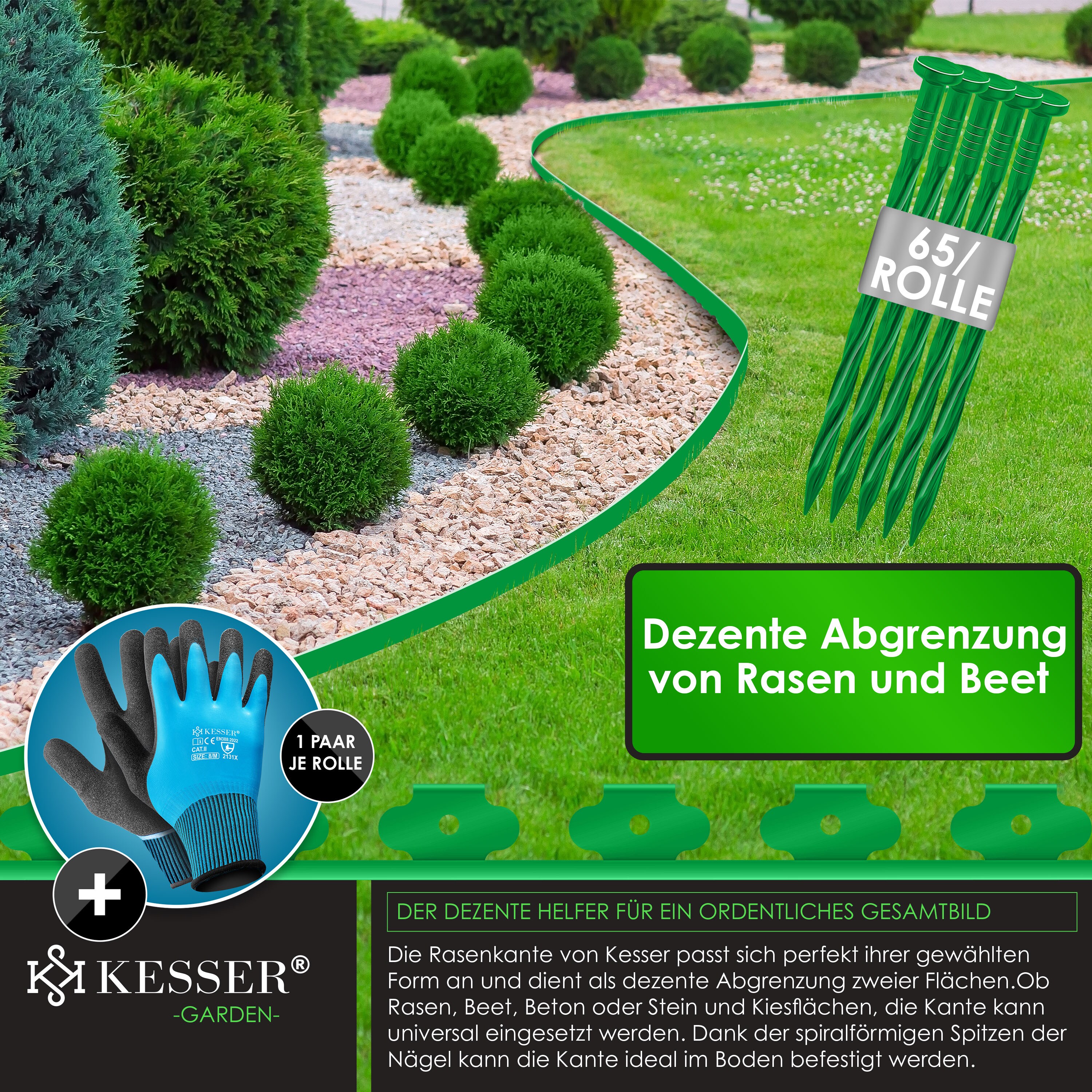 YushengTai Weiß Rasenkante, Flexible Rasenkante Kunststoff Länge 15m Höhe 10 cm mit 90 Erdanker + 1 Paar Handschuhe, Beeteinfassung für Blumenbeetumrandung, Mähkante, Pflasterkante und Gartenpalisade