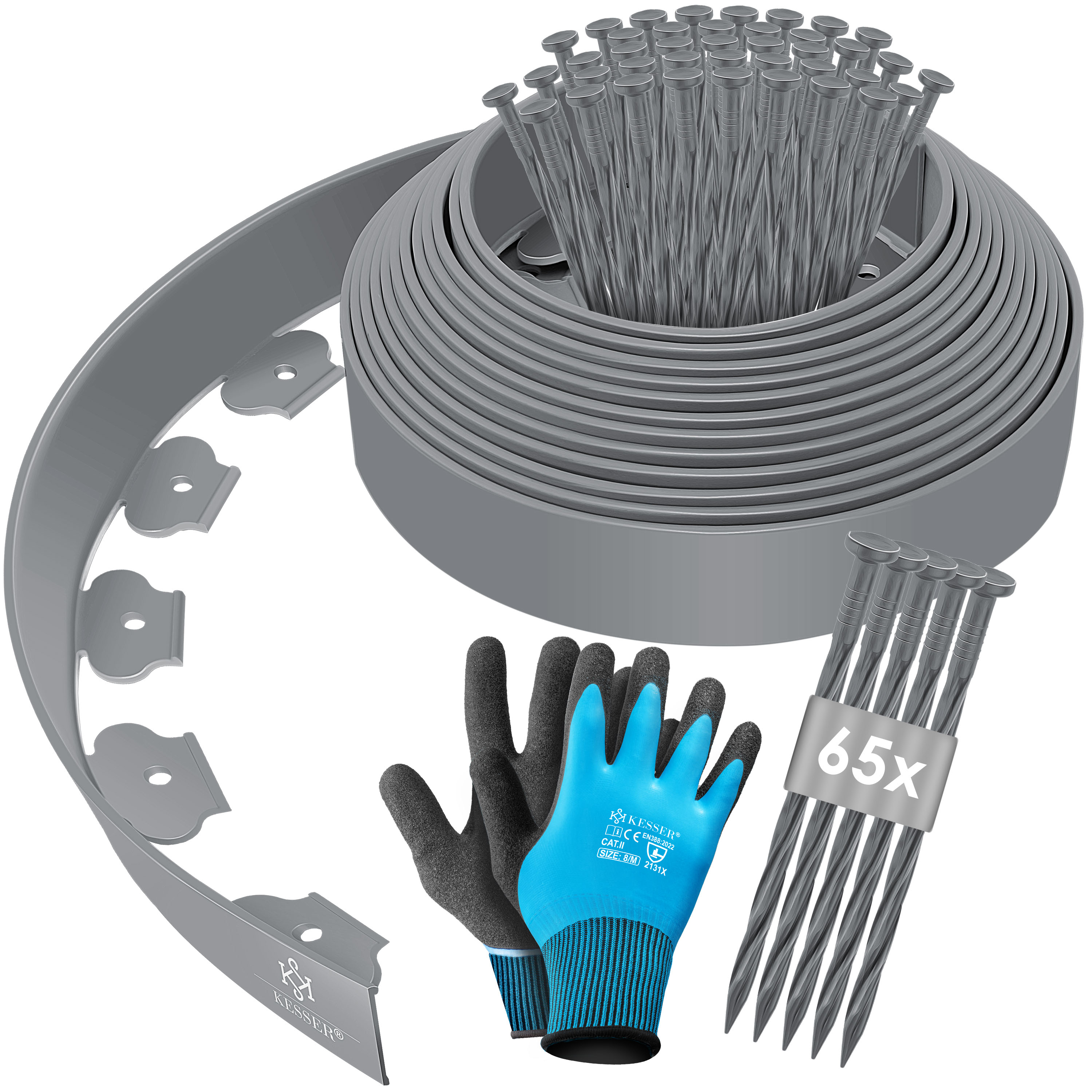 KESSER&reg; Flexible Rasenkante aus Kunststoff L&auml;nge 10m H&ouml;he 5cm, mit 50 Erdanker + Handschuhe, Beeteinfassung Beetumrandung Beetbegrenzung M&auml;hkante Pflastersteine Palisade 