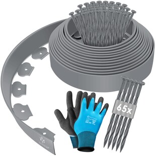KESSER® Flexible Rasenkante aus Kunststoff Länge 10m Höhe 5cm, mit 50 Erdanker + Handschuhe, Beeteinfassung Beetumrandung Beetbegrenzung Mähkante Pflastersteine Palisade 