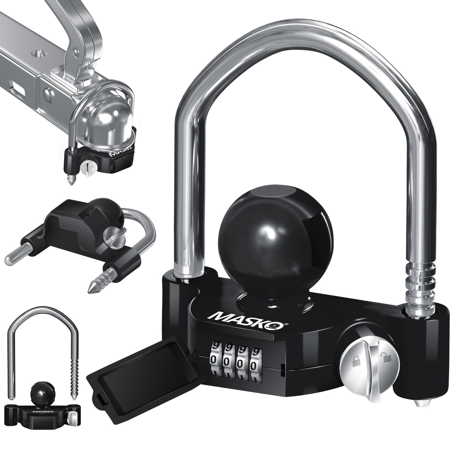 MASKO&reg; Anh&auml;ngerschloss Zahlenschloss mit 4 Stellig Code f&uuml;r g&auml;ngige Anh&auml;ngerkupplung Anh&auml;ngerkugelsperrkupplung einfache Montage Diebstahlschutz Wohnwagen Anh&auml;nger Abschleppsperre Stahlb&uuml;gel 