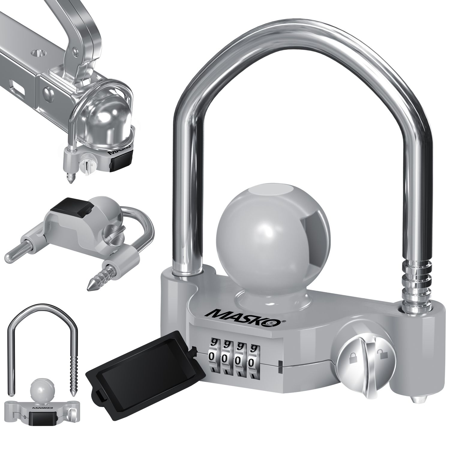MASKO&reg; Anh&auml;ngerschloss Zahlenschloss mit 4 Stellig Code f&uuml;r g&auml;ngige Anh&auml;ngerkupplung Anh&auml;ngerkugelsperrkupplung einfache Montage Diebstahlschutz Wohnwagen Anh&auml;nger Abschleppsperre Stahlb&uuml;gel 