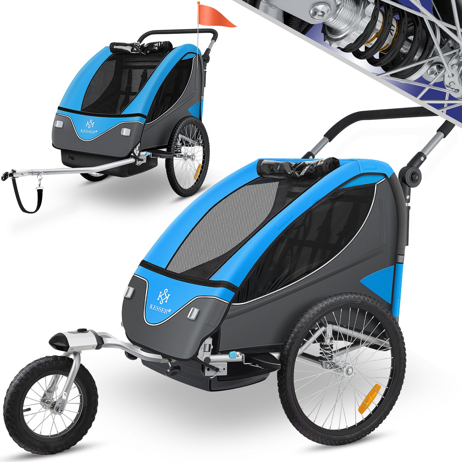 KESSER&reg; Kinderanh&auml;nger Fahrradanh&auml;nger 360&deg; Drehbar mit Federung 2in1 Joggerfunktion Kinderfahrradanh&auml;nger + 5-Punkt Gurt Jogger Fahrrad Anh&auml;nger f&uuml;r 1 bis 2 Kinder max. 40kg 