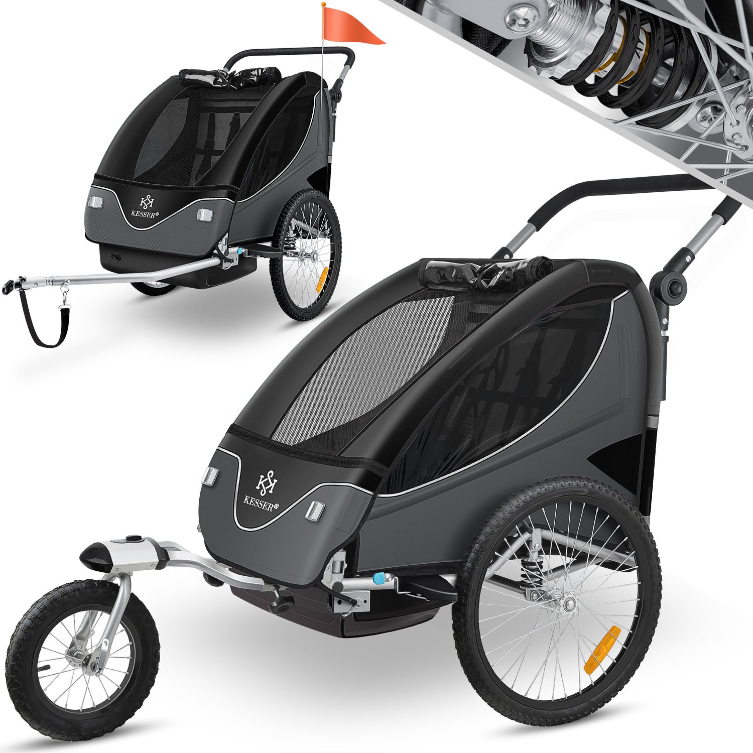 KESSER&reg; Kinderanh&auml;nger Fahrradanh&auml;nger 360&deg; Drehbar mit Federung 2in1 Joggerfunktion Kinderfahrradanh&auml;nger + 5-Punkt Gurt Jogger Fahrrad Anh&auml;nger f&uuml;r 1 bis 2 Kinder max. 40kg 