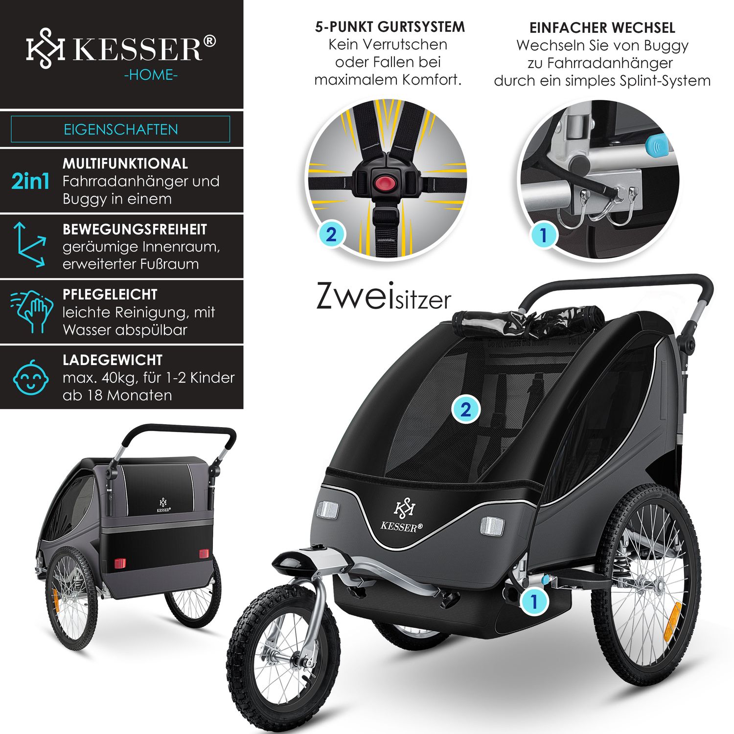 KESSER Kinderanhnger Fahrradanhnger 360 Drehbar mit Federung 2in1  Joggerfunktion Kinderfahrradanhnger + 5-Punkt Gurt Jogger Fahrrad Anh