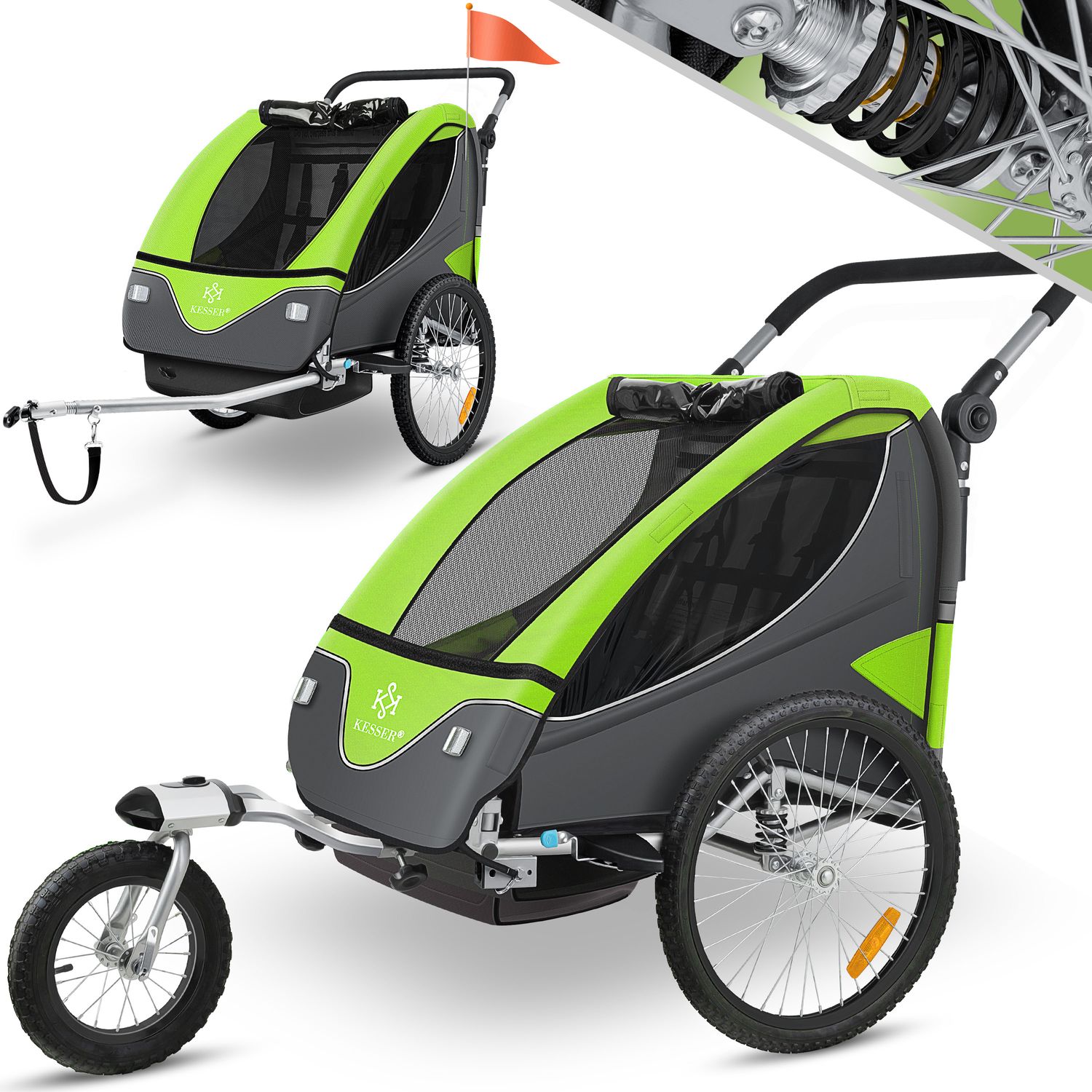KESSER&reg; Kinderanh&auml;nger Fahrradanh&auml;nger 360&deg; Drehbar mit Federung 2in1 Joggerfunktion Kinderfahrradanh&auml;nger + 5-Punkt Gurt Jogger Fahrrad Anh&auml;nger f&uuml;r 1 bis 2 Kinder max. 40kg 