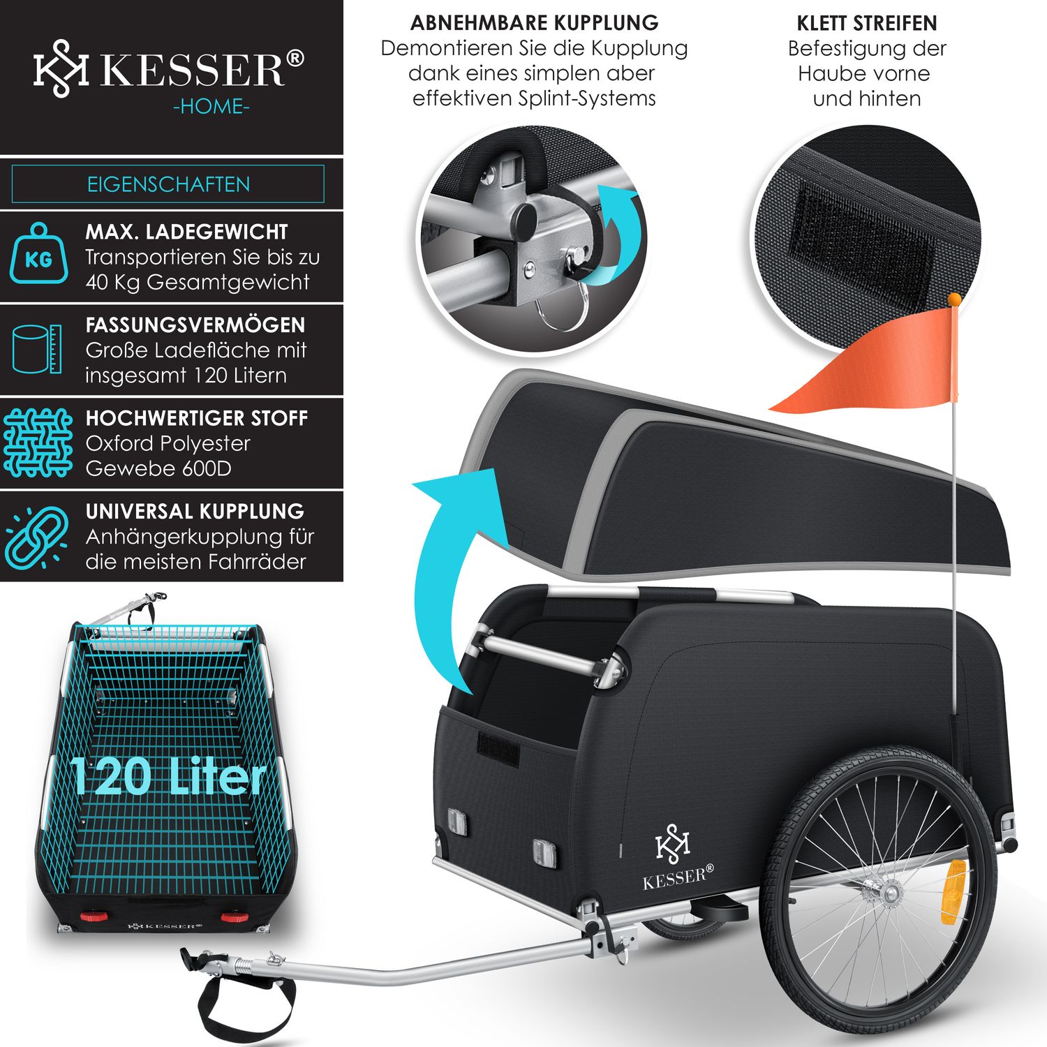 KESSER Fahrradanhnger Lastenanhnger Transportanhnger Hochdeichsel mit  Kupplung, Inkl. Abdeckung Klappfunktion Hochdeichsel Anhnge fr Fahrrad  Transportbox mit 120 Liter Max. 40 kg bei Marktkauf online bestellen