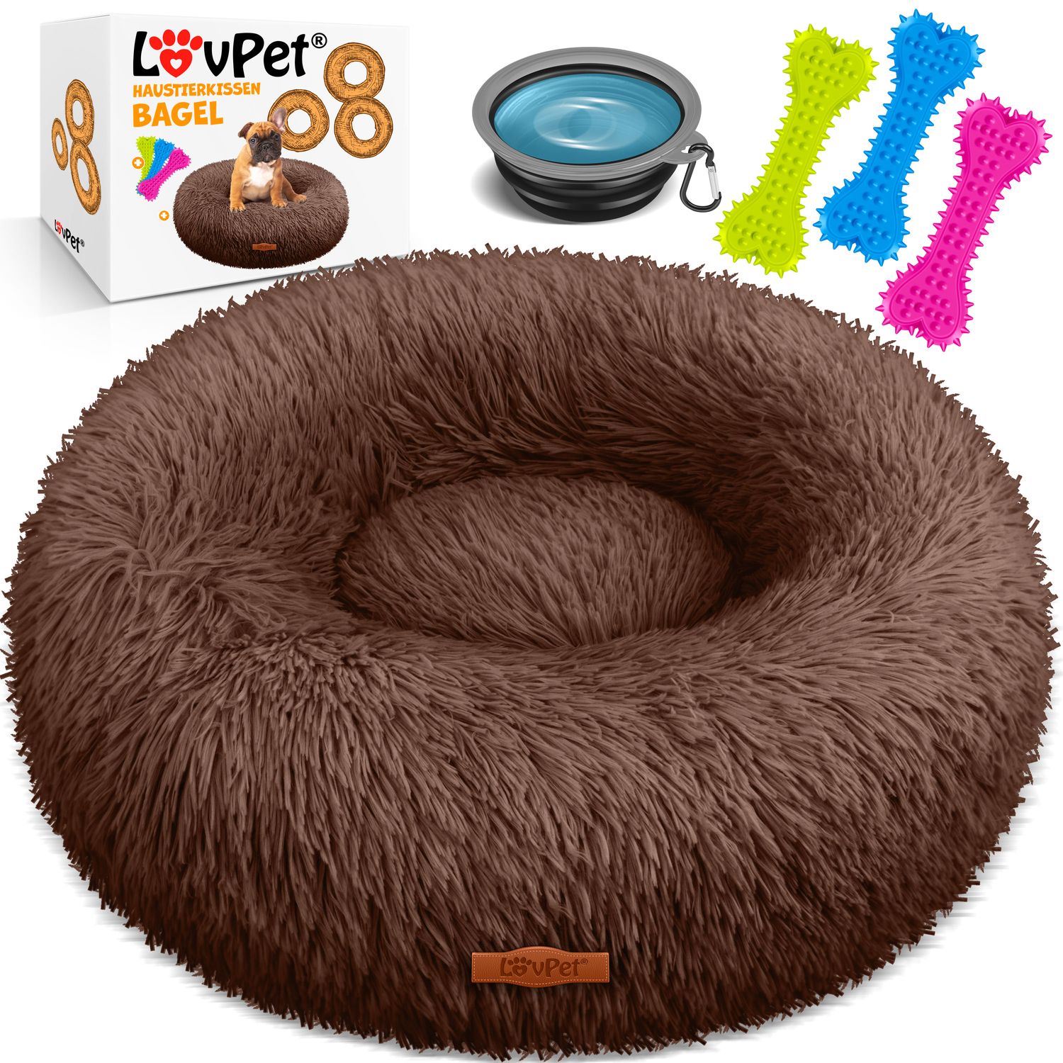 LOVPET&reg; Hundebett Hundekissen Katzenbett Bagel, Waschbar, Inkl. Napf + 3x Kauknochen, Hundesofa flauschig Kissen Rund aus Pl&uuml;sch f&uuml;r Kleine, Mittelgro&szlig;e & Gro&szlig;e Hunde, Katzen 