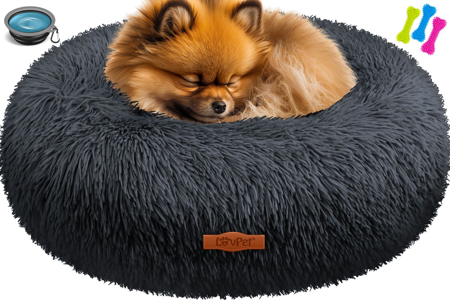 LOVPET&reg; Hundebett Hundekissen Katzenbett Bagel, Waschbar, Inkl. Napf + 3x Kauknochen, Hundesofa flauschig Kissen Rund aus Pl&uuml;sch f&uuml;r Kleine, Mittelgro&szlig;e & Gro&szlig;e Hunde, Katzen 