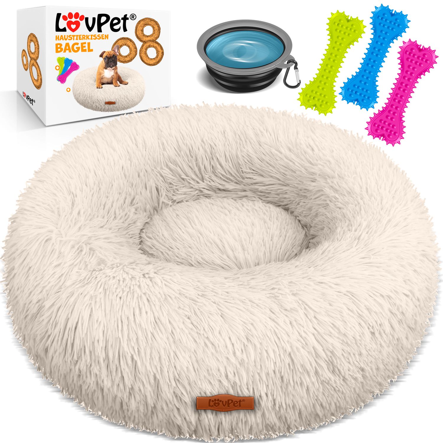 LOVPET&reg; Hundebett Hundekissen Katzenbett Bagel, Waschbar, Inkl. Napf + 3x Kauknochen, Hundesofa flauschig Kissen Rund aus Pl&uuml;sch f&uuml;r Kleine, Mittelgro&szlig;e & Gro&szlig;e Hunde, Katzen 