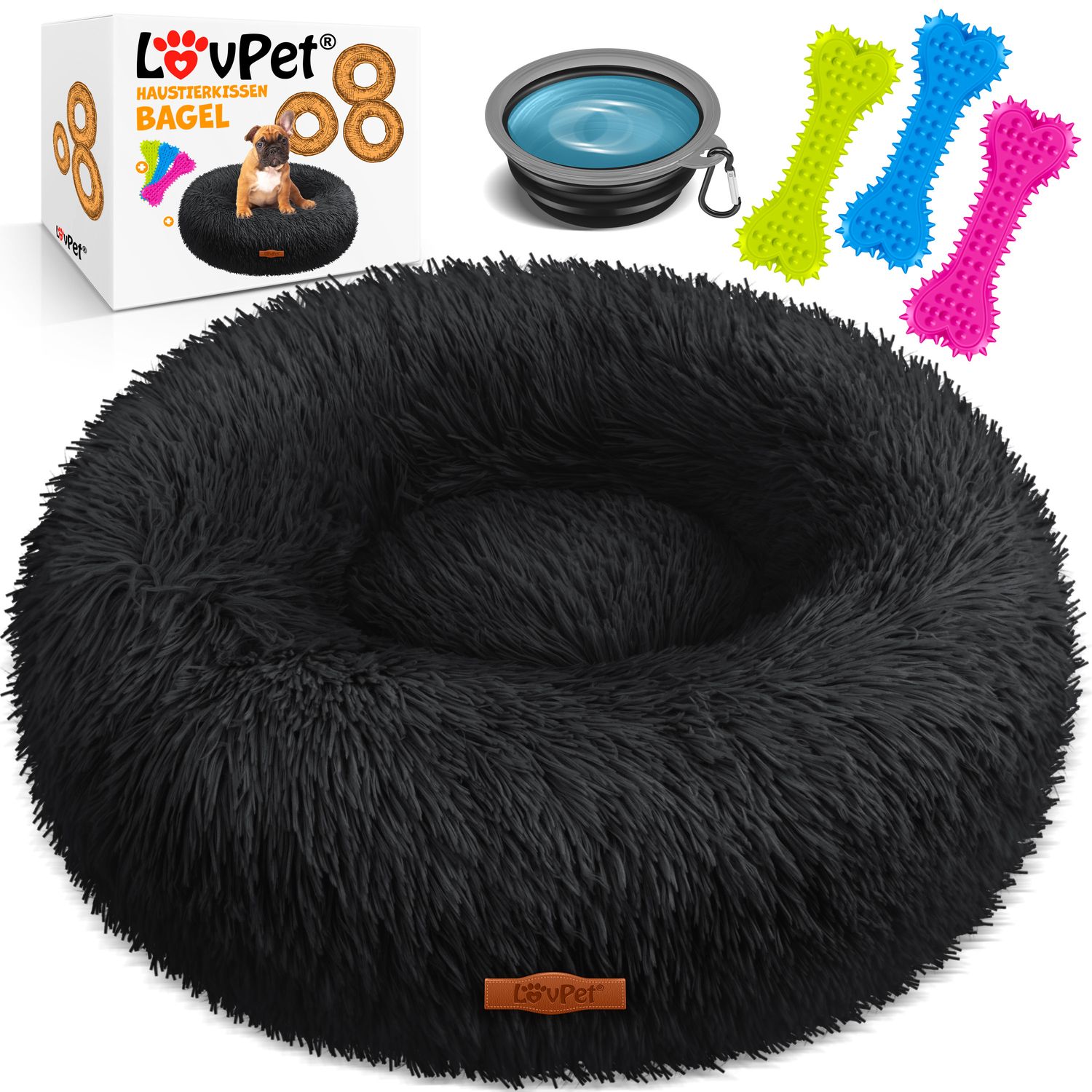 LOVPET&reg; Hundebett Hundekissen Katzenbett Bagel, Waschbar, Inkl. Napf + 3x Kauknochen, Hundesofa flauschig Kissen Rund aus Pl&uuml;sch f&uuml;r Kleine, Mittelgro&szlig;e & Gro&szlig;e Hunde, Katzen 